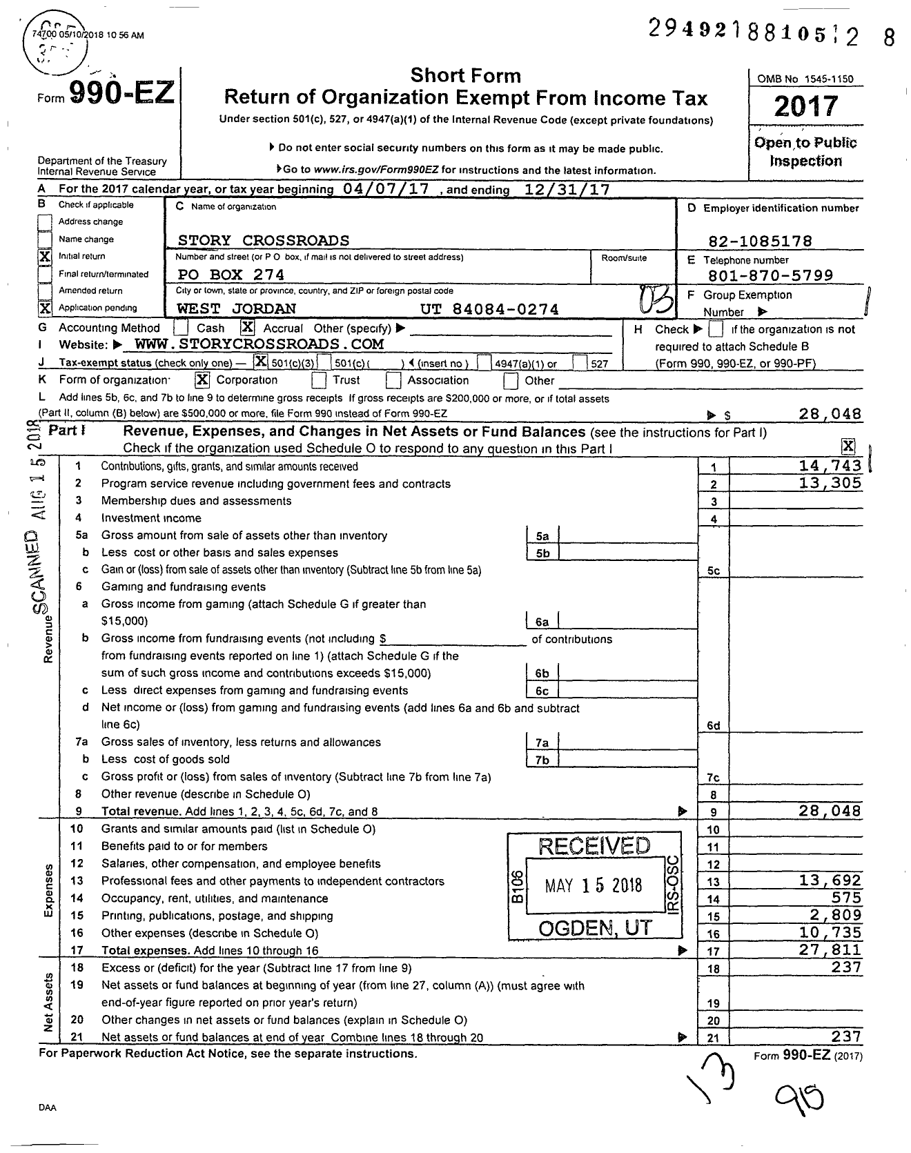 Image of first page of 2017 Form 990EZ for Story Crossroads