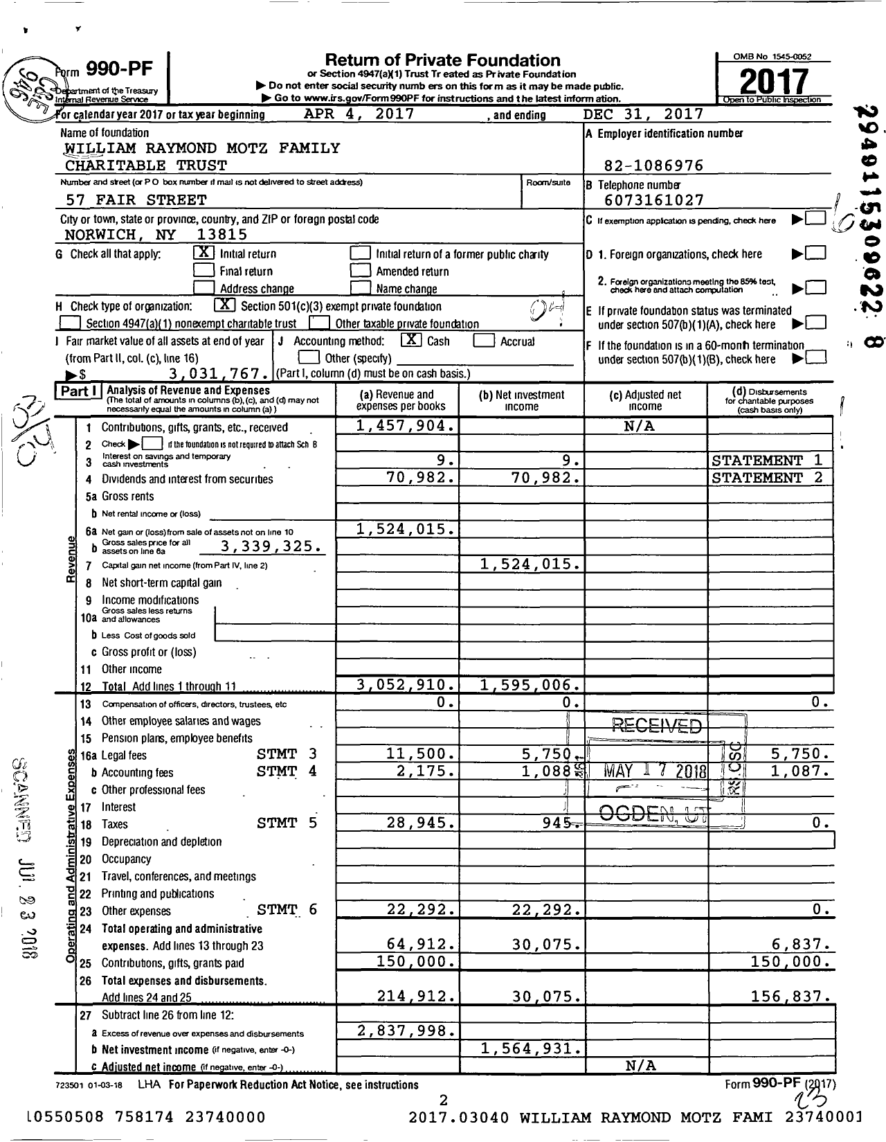 Image of first page of 2017 Form 990PF for William Raymond Motz Family Charitable Trust