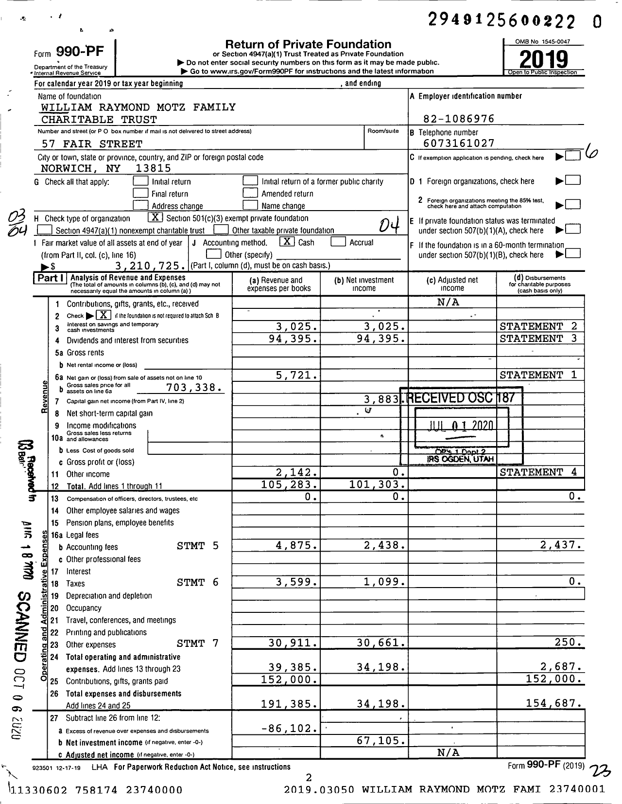 Image of first page of 2019 Form 990PR for William Raymond Motz Family Charitable Trust