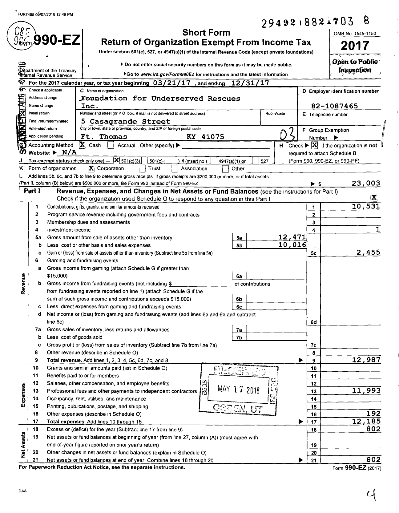 Image of first page of 2017 Form 990EZ for Foundation for Underserved Rescues