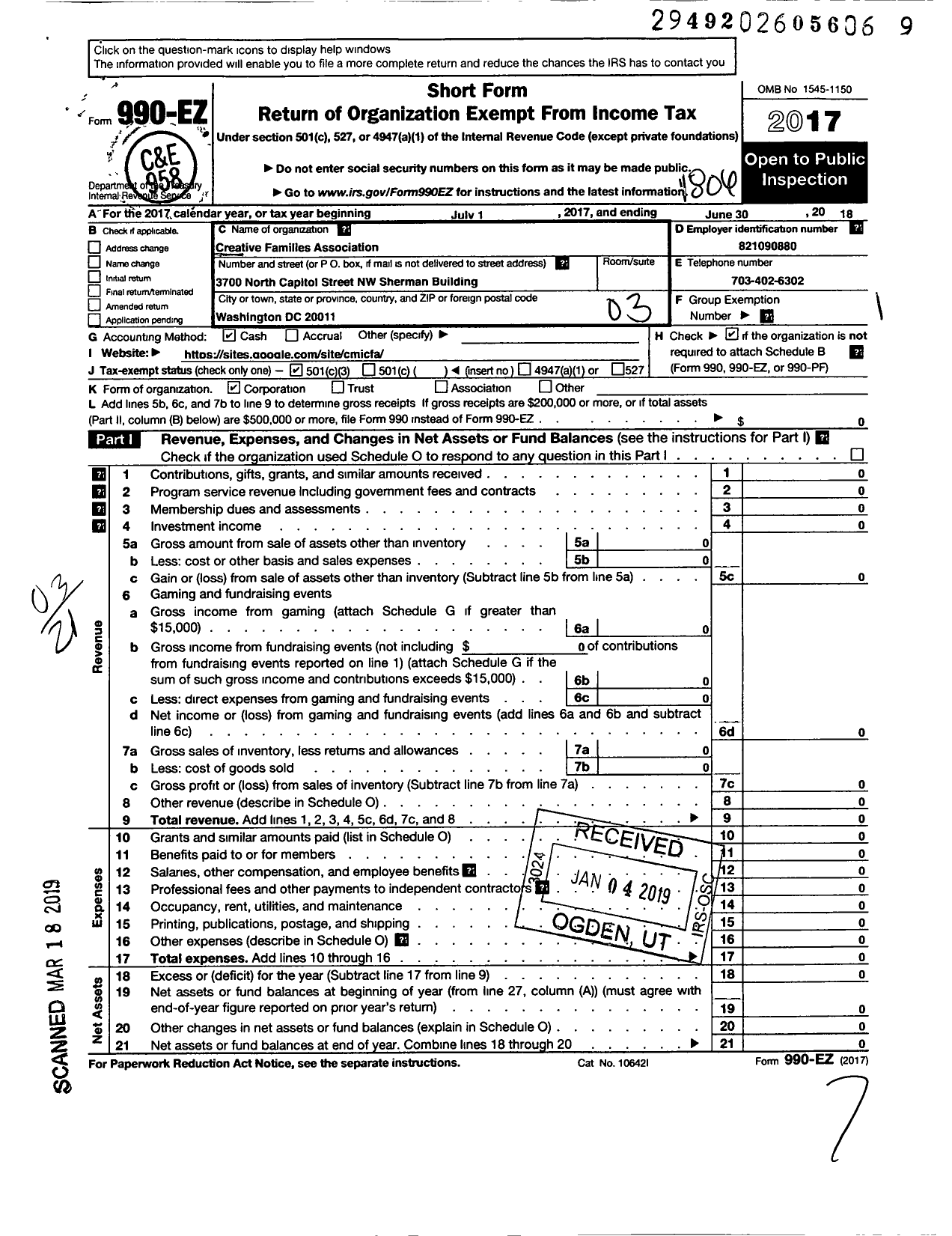 Image of first page of 2017 Form 990EZ for Creative Families Association LLC