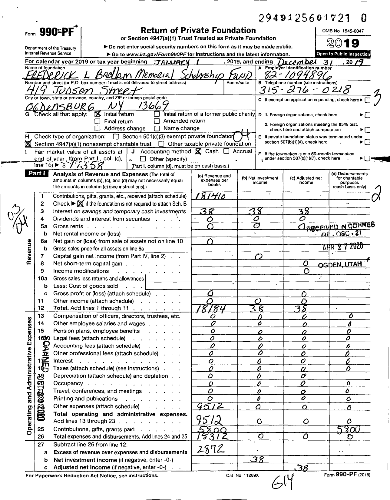 Image of first page of 2019 Form 990PR for Frederick L Badlam Memorial Scholarship Fund