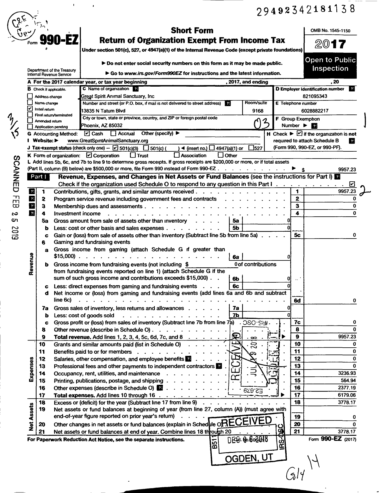 Image of first page of 2017 Form 990EZ for Great Spirit Animal Sanctuary