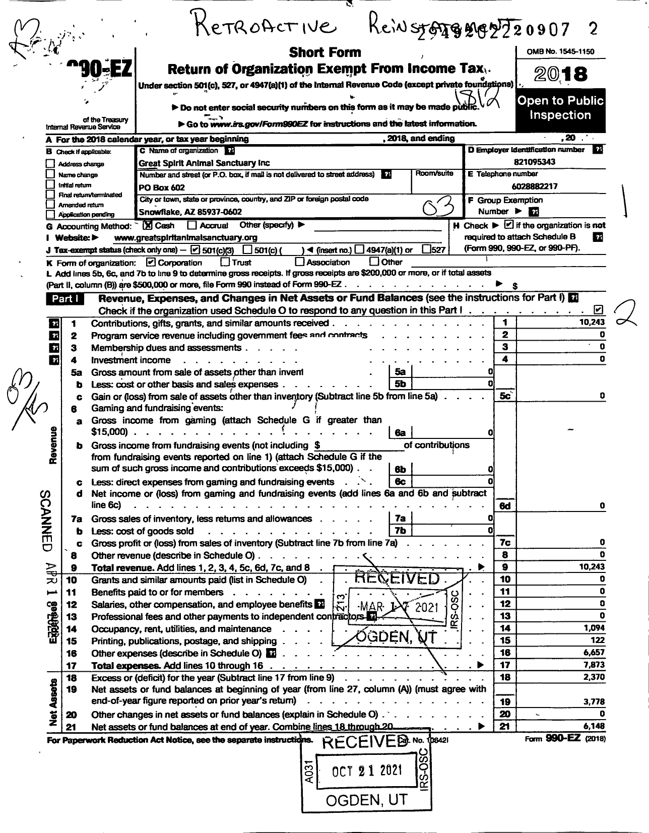 Image of first page of 2018 Form 990EZ for Great Spirit Animal Sanctuary