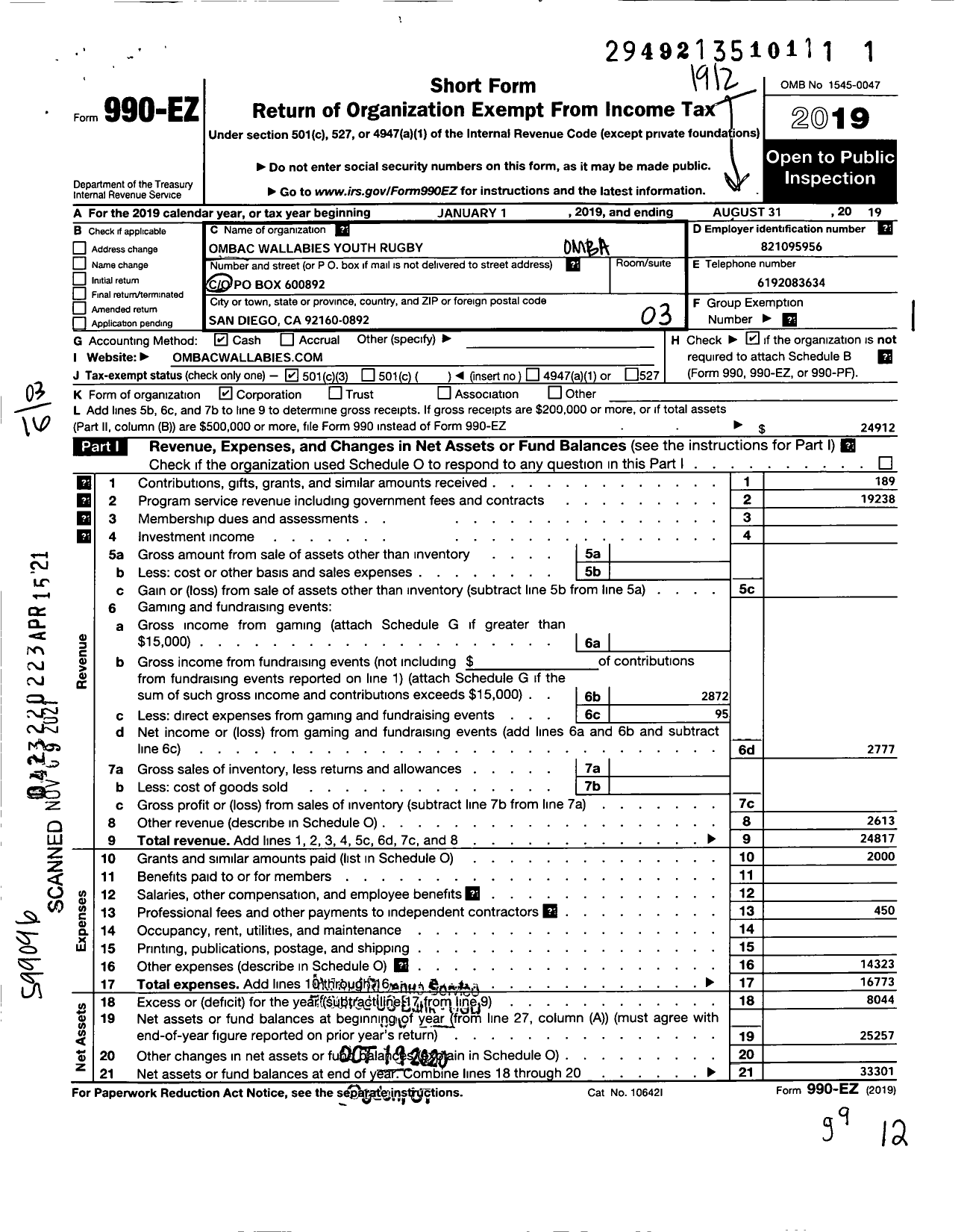 Image of first page of 2019 Form 990EZ for OMBAC Wallabies Youth Rugby