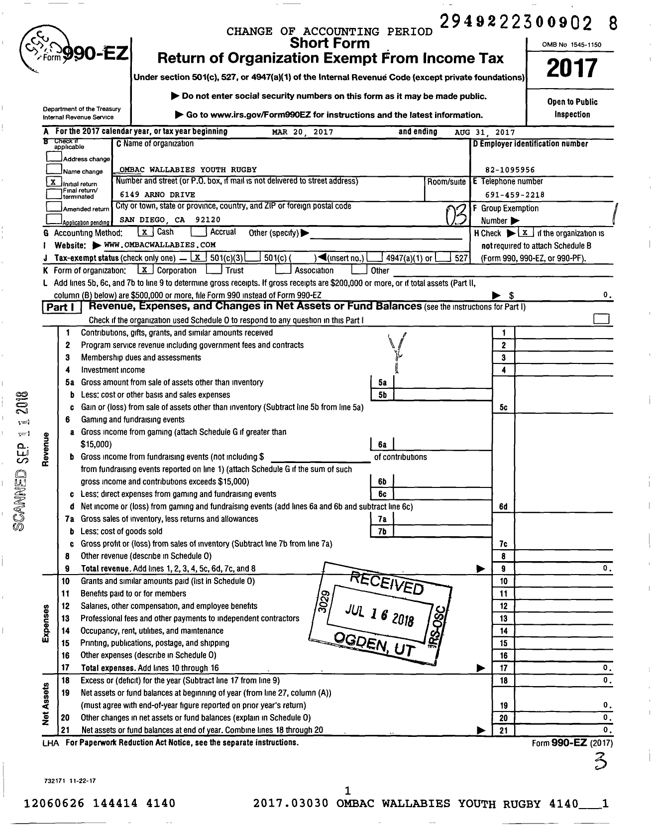 Image of first page of 2017 Form 990EZ for OMBAC Wallabies Youth Rugby