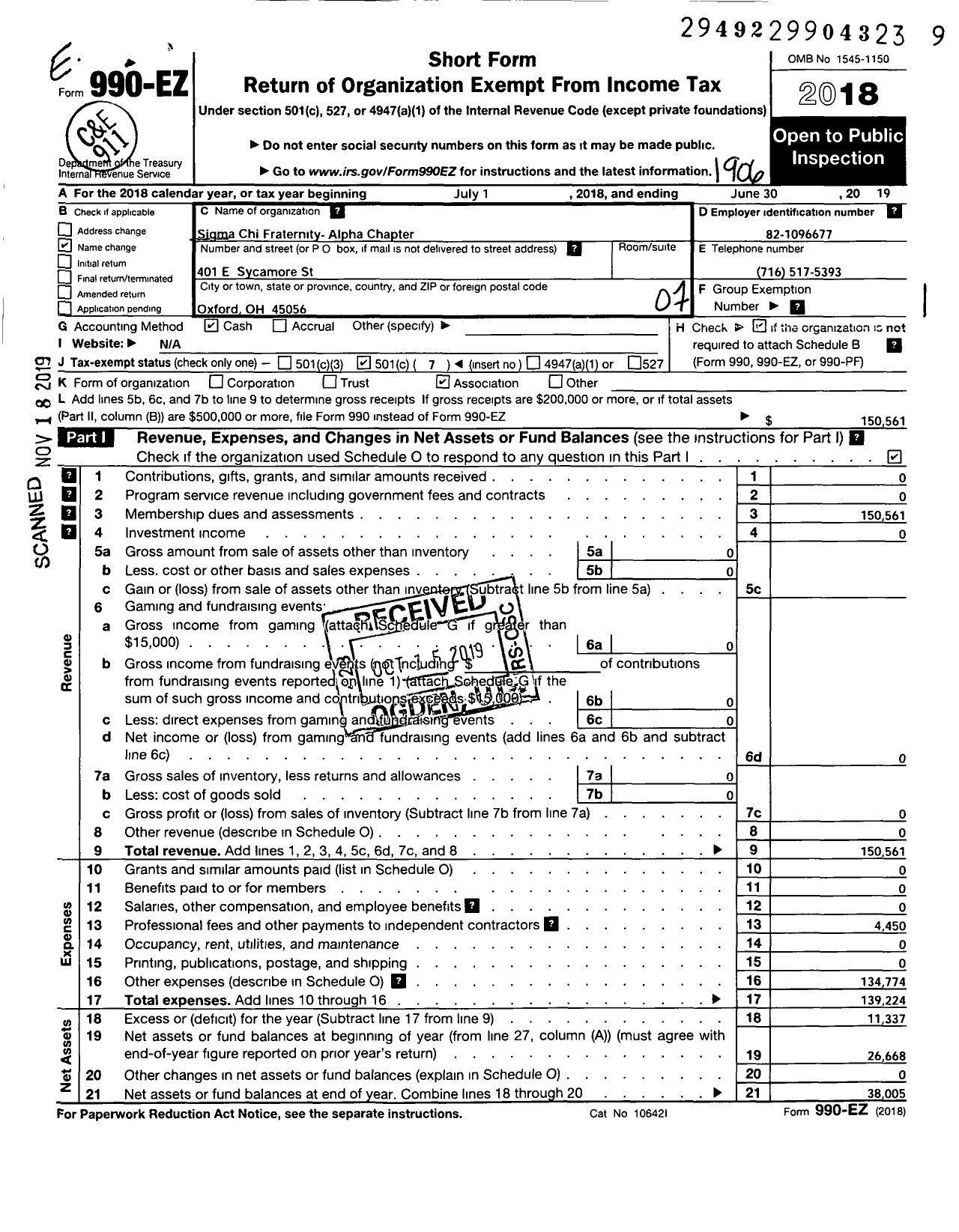 Image of first page of 2018 Form 990EO for Sigma Chi Fraternity - Alpha Chapter
