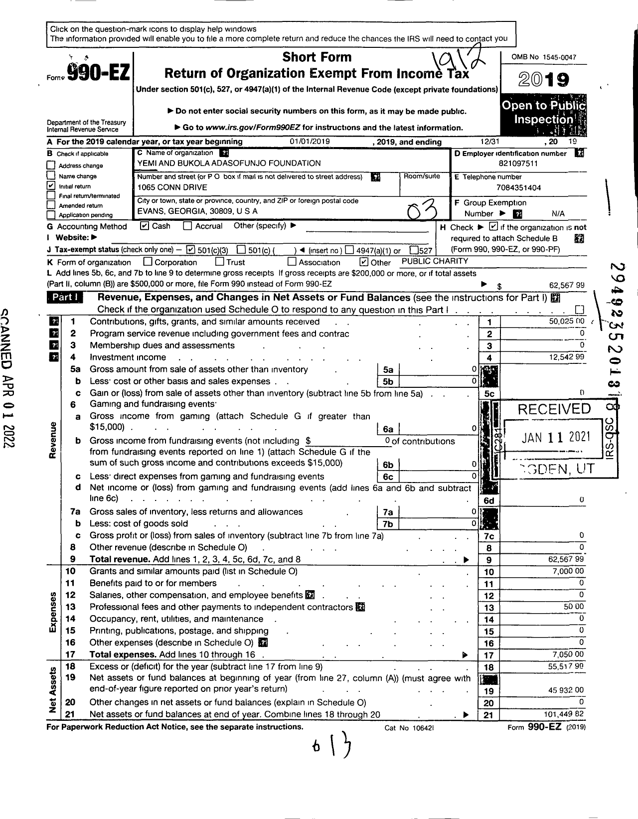 Image of first page of 2019 Form 990EZ for Yemi and Bukola Adasofunjo Foundation