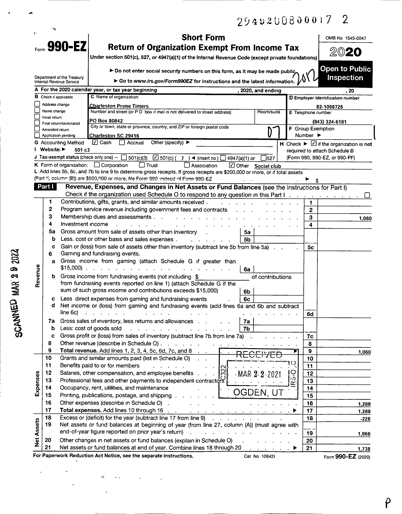 Image of first page of 2020 Form 990EO for Charleston SC Prime Timers