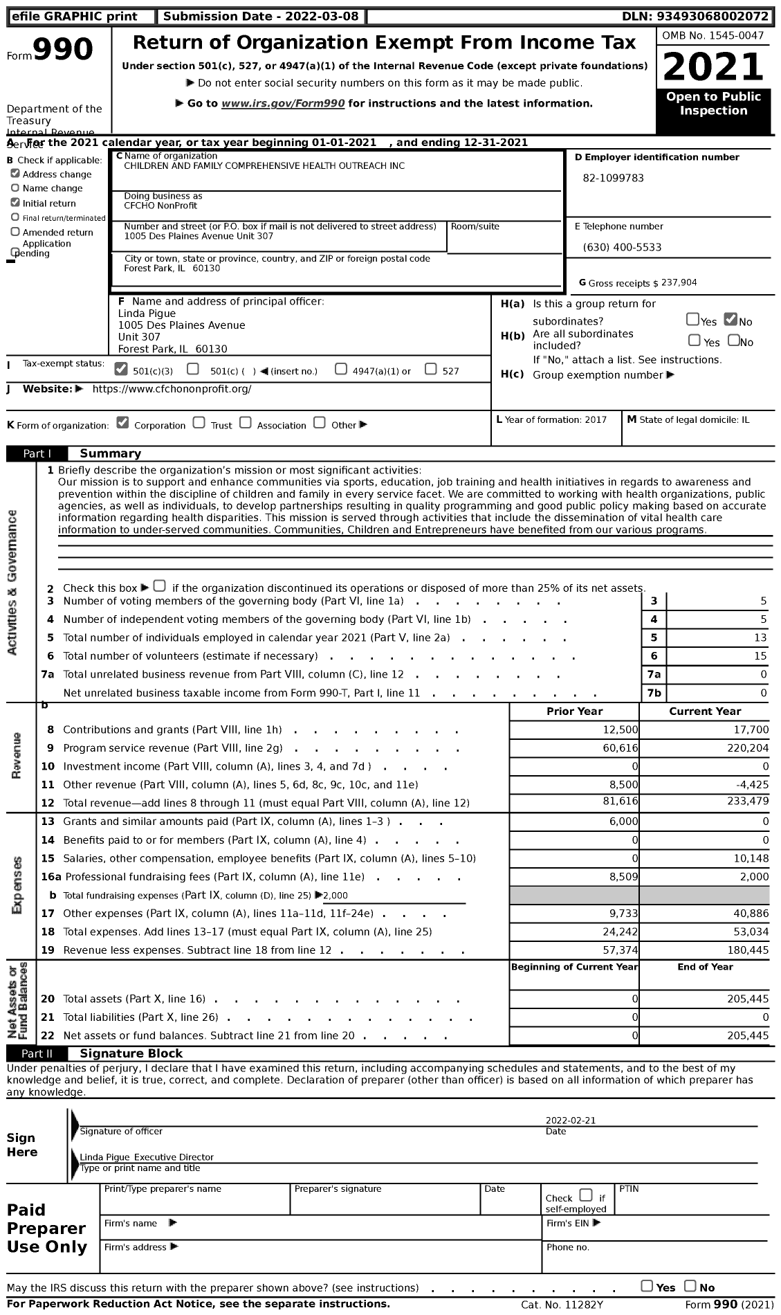 Image of first page of 2021 Form 990 for CFCHO Non Profit