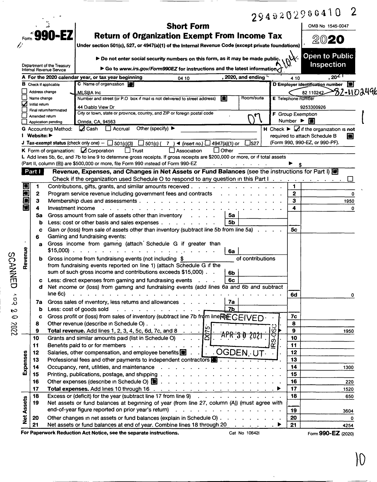 Image of first page of 2020 Form 990EO for Mlsra