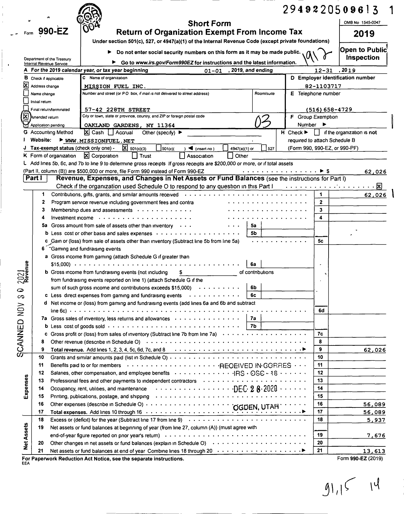 Image of first page of 2019 Form 990EZ for Mission Fuel