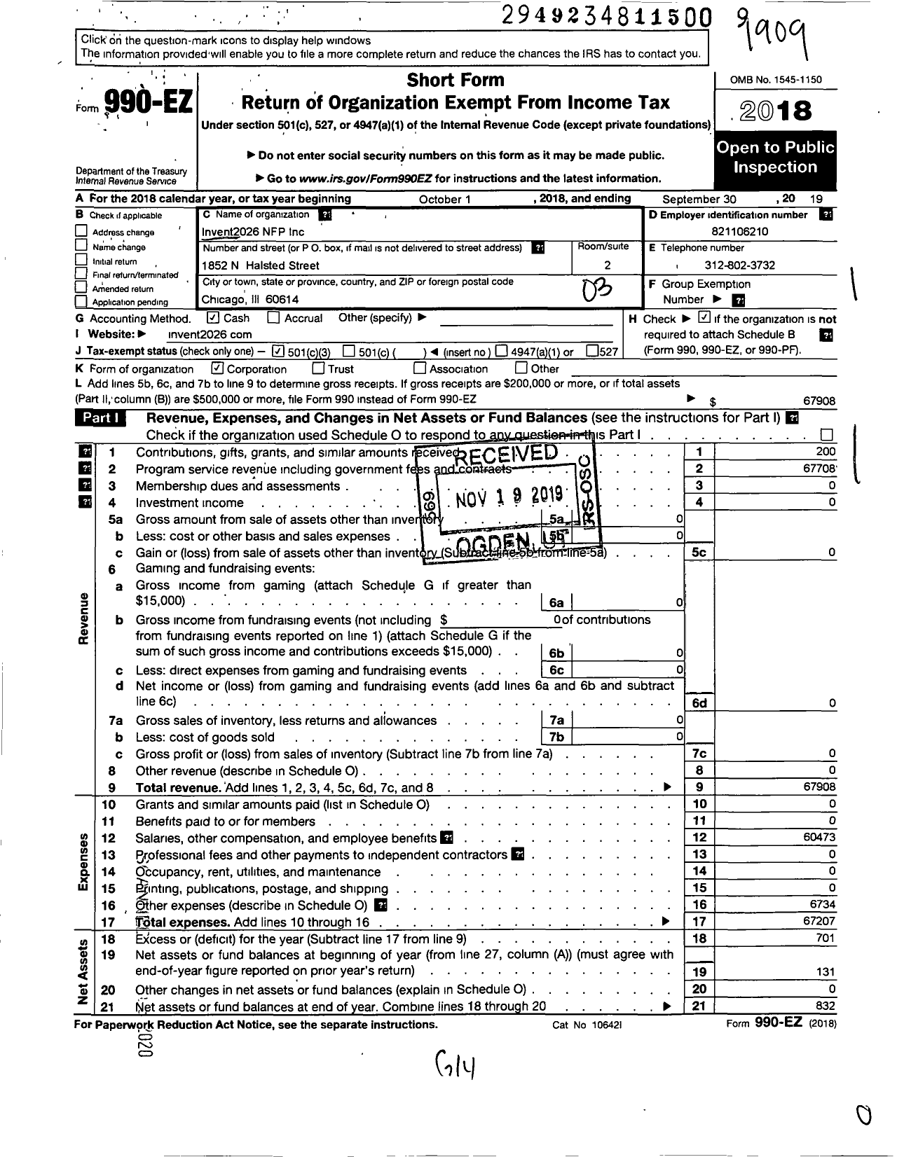 Image of first page of 2018 Form 990EZ for Invent2026 NFP