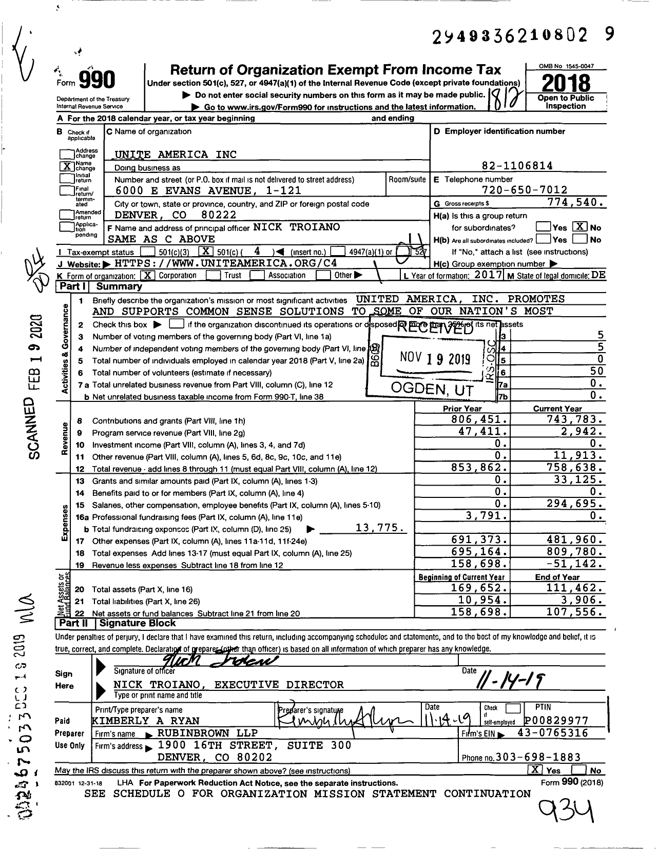 Image of first page of 2018 Form 990O for Unite America