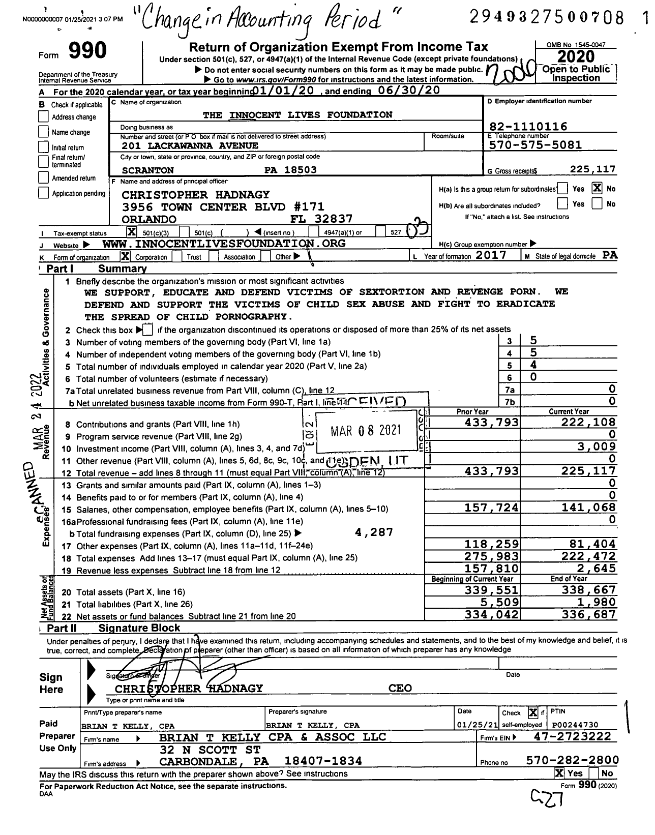 Image of first page of 2019 Form 990 for The Innocent Lives Foundation
