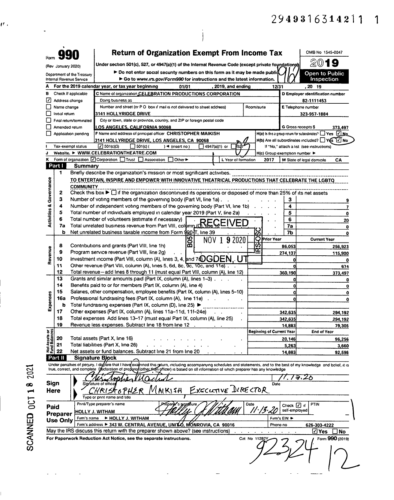 Image of first page of 2019 Form 990 for Celebration Theatre / Celebration Productions Corporation