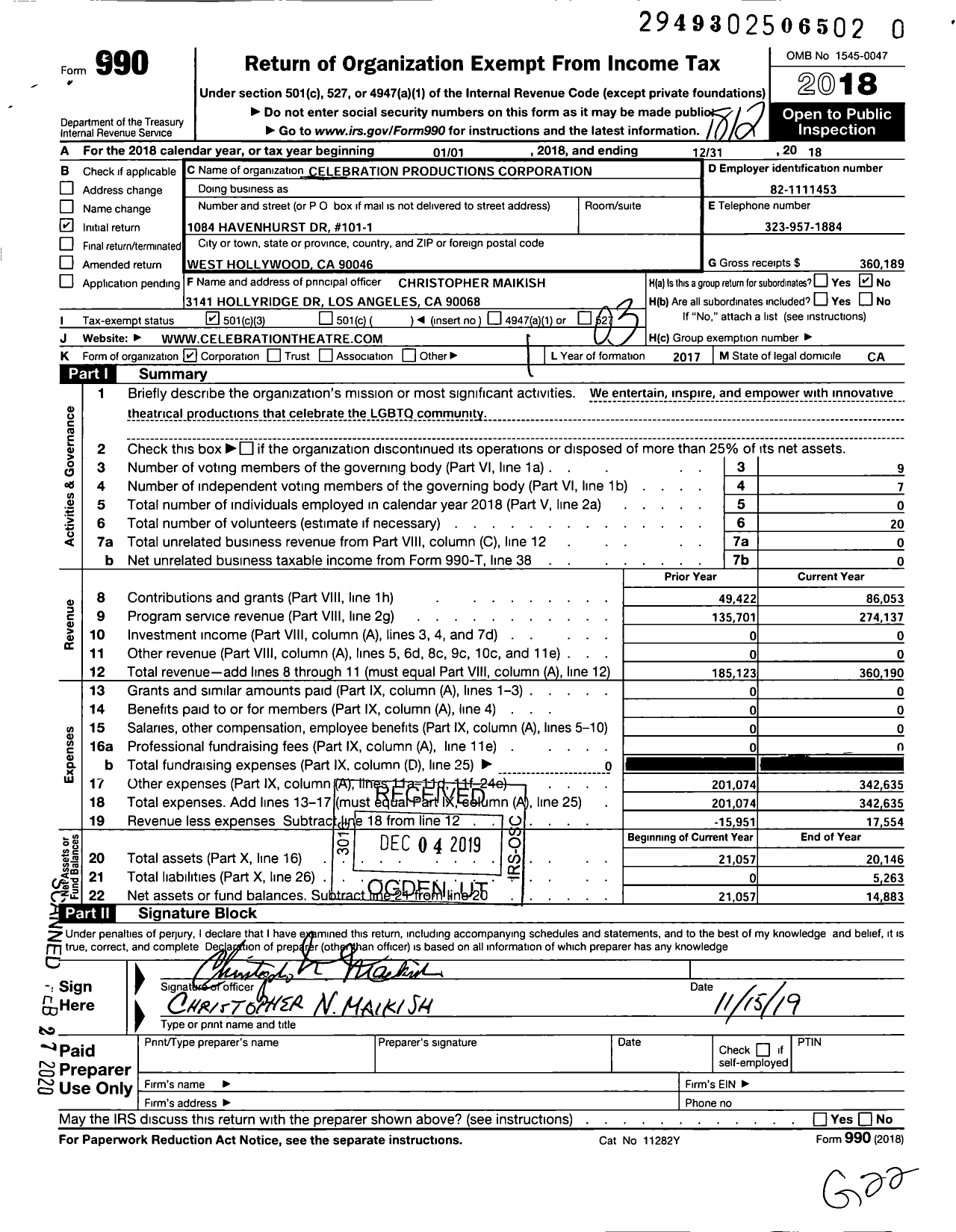 Image of first page of 2018 Form 990 for Celebration Theatre / Celebration Productions Corporation