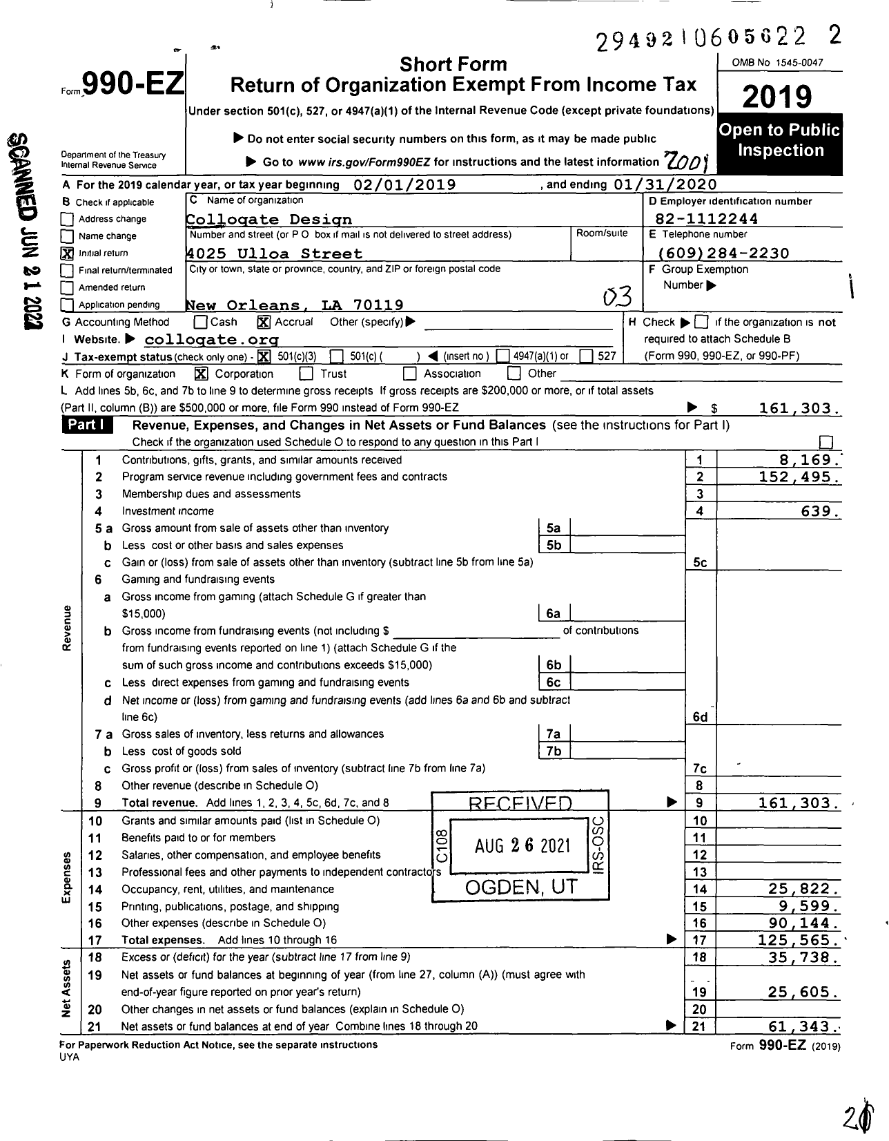 Image of first page of 2019 Form 990EZ for Colloqate Design