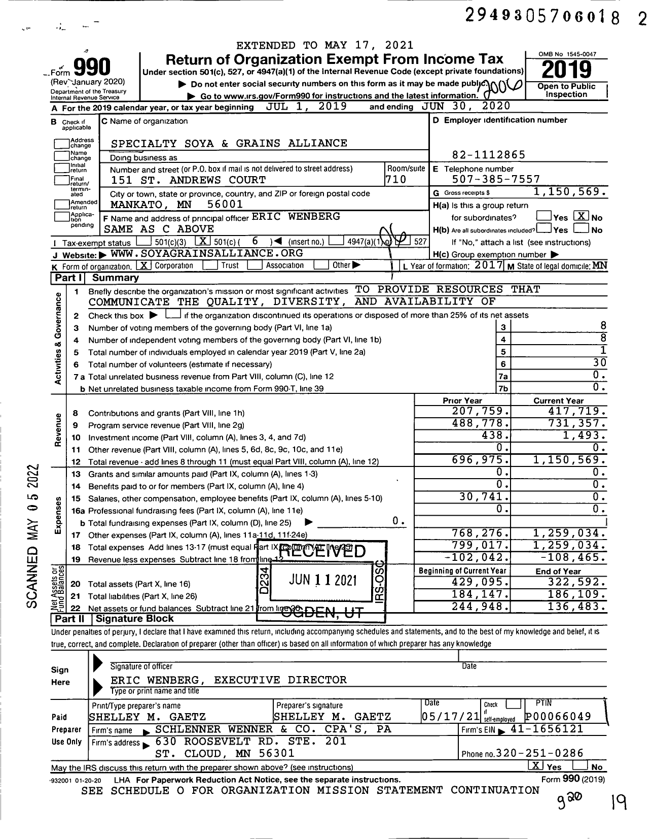 Image of first page of 2019 Form 990O for Specialty Soya and Grains Alliance