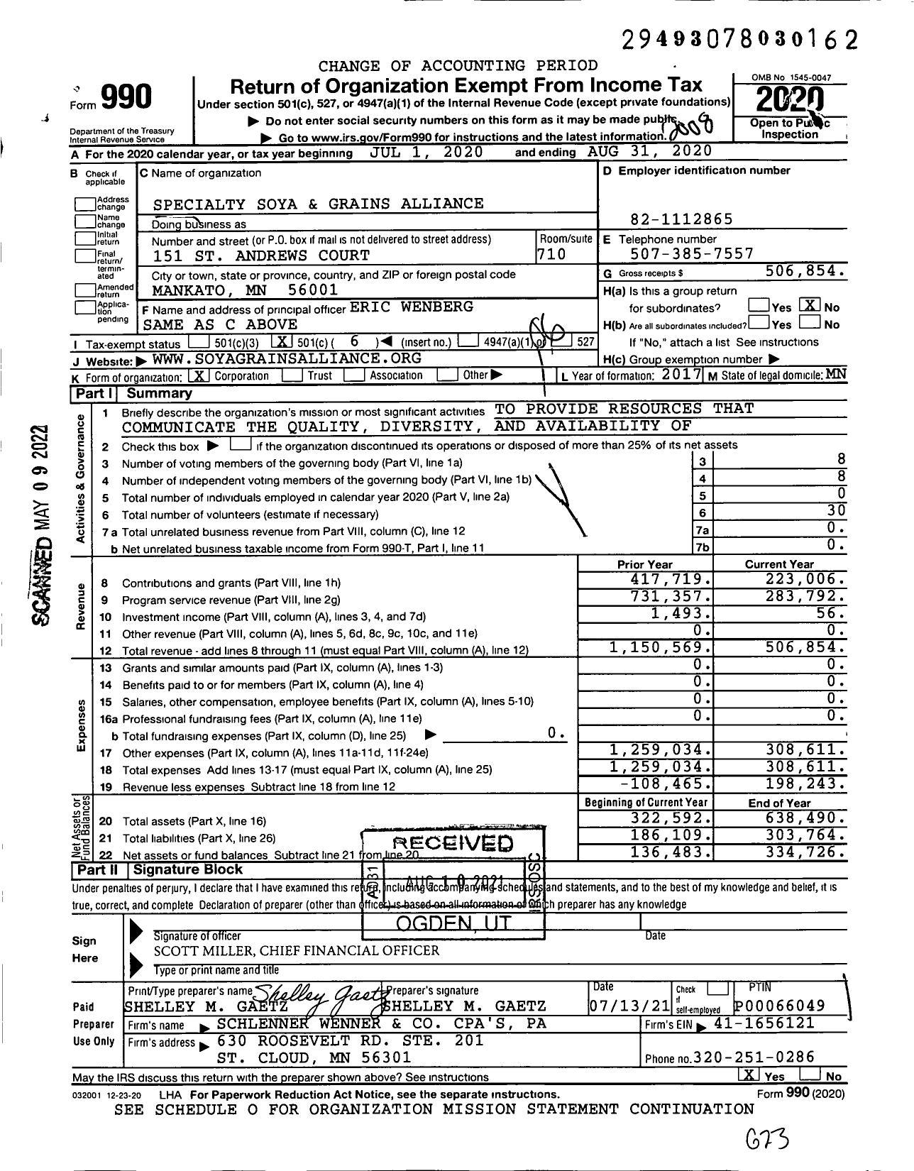 Image of first page of 2019 Form 990O for Specialty Soya and Grains Alliance