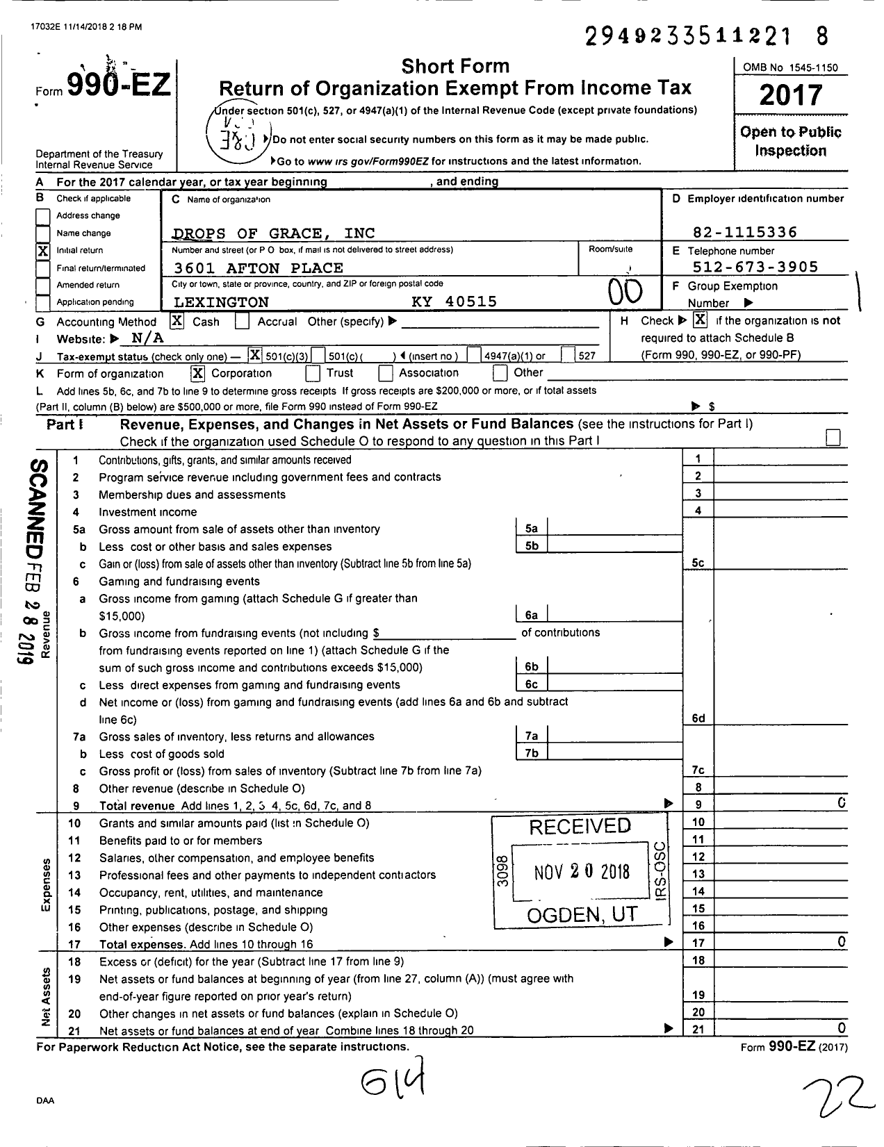 Image of first page of 2017 Form 990EO for Drops of Grace