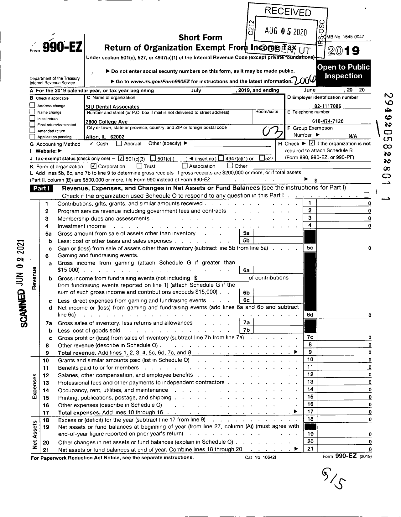 Image of first page of 2019 Form 990EZ for Siu Dental Associates