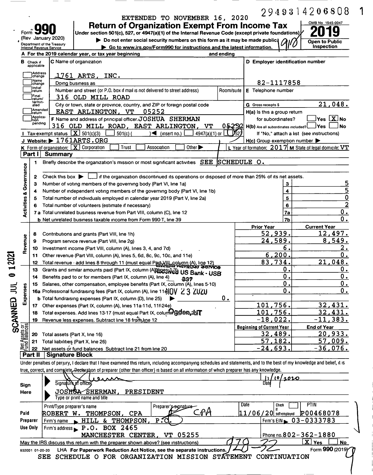 Image of first page of 2019 Form 990 for 1761 Arts