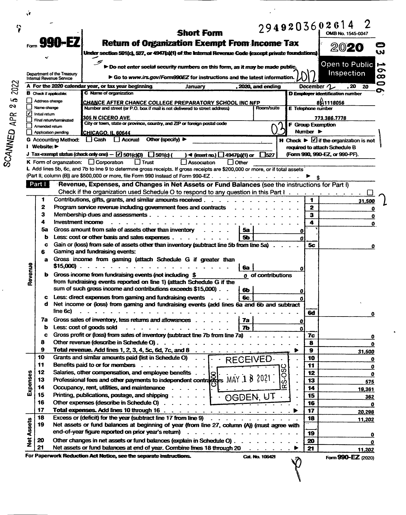 Image of first page of 2020 Form 990EZ for Chance After Chance College Preparatory School NFP