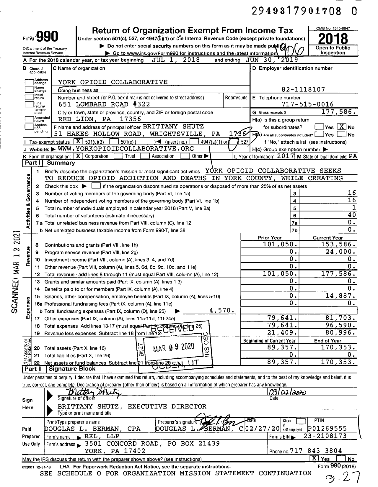 Image of first page of 2018 Form 990 for York Opioid Collaborative