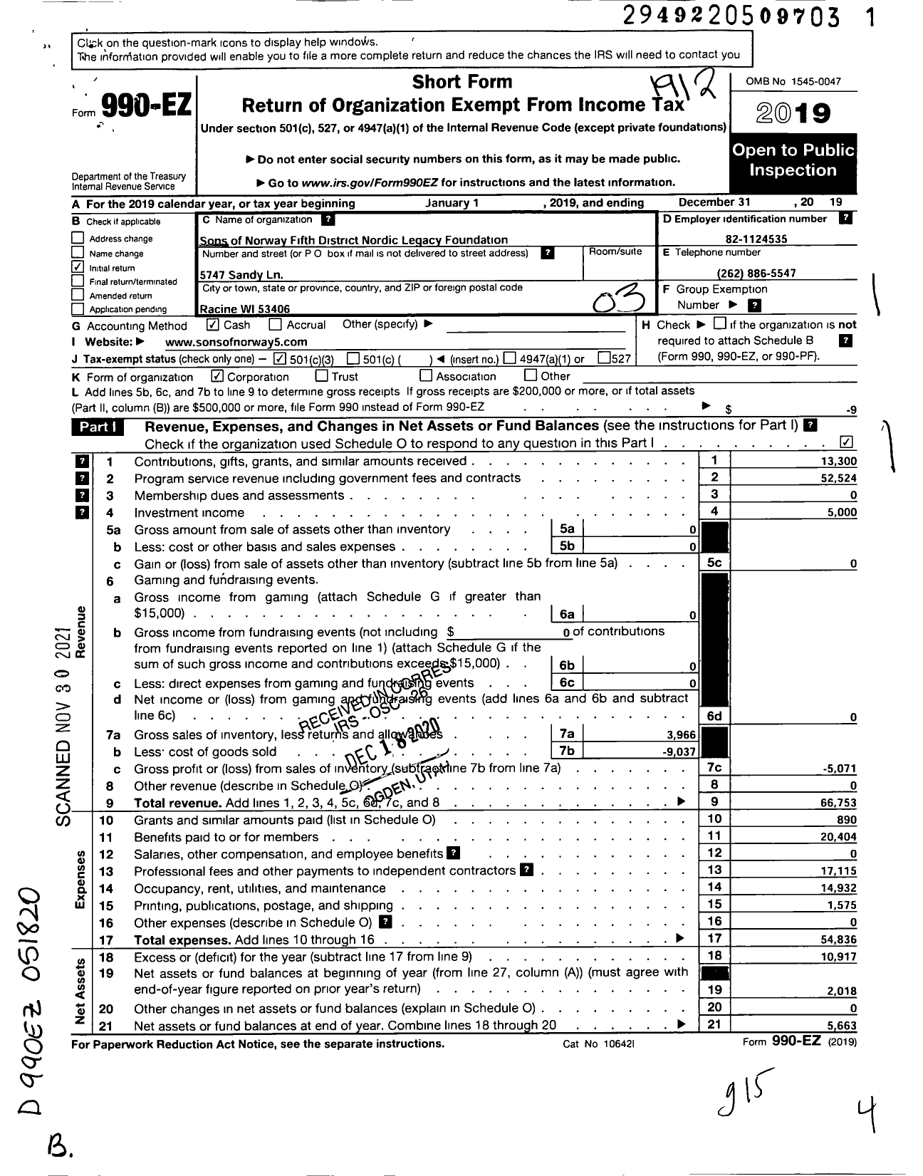 Image of first page of 2019 Form 990EZ for Sons of Norway Fifth District Nordic Legacy Foundation