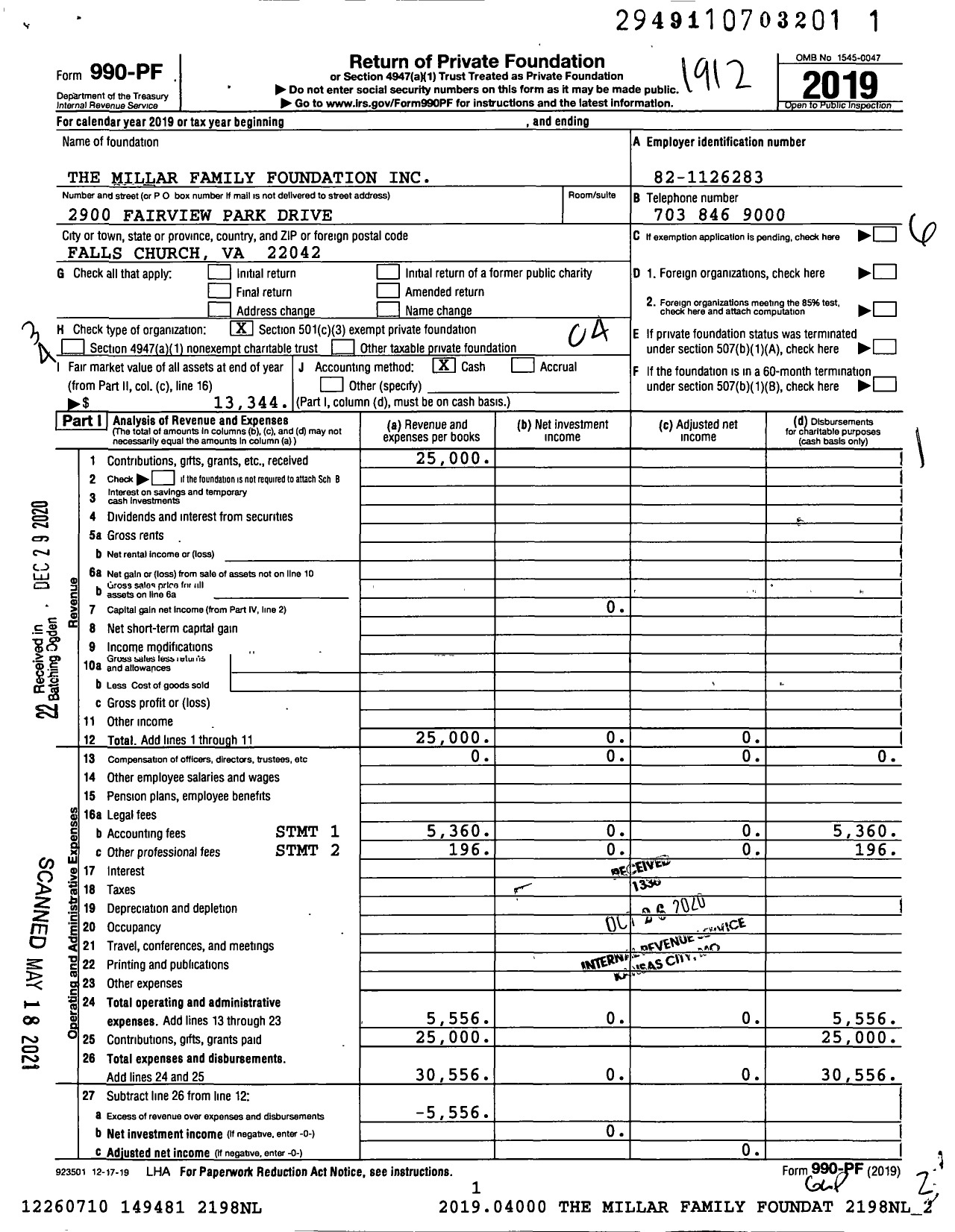 Image of first page of 2019 Form 990PF for The Millar Family Foundation