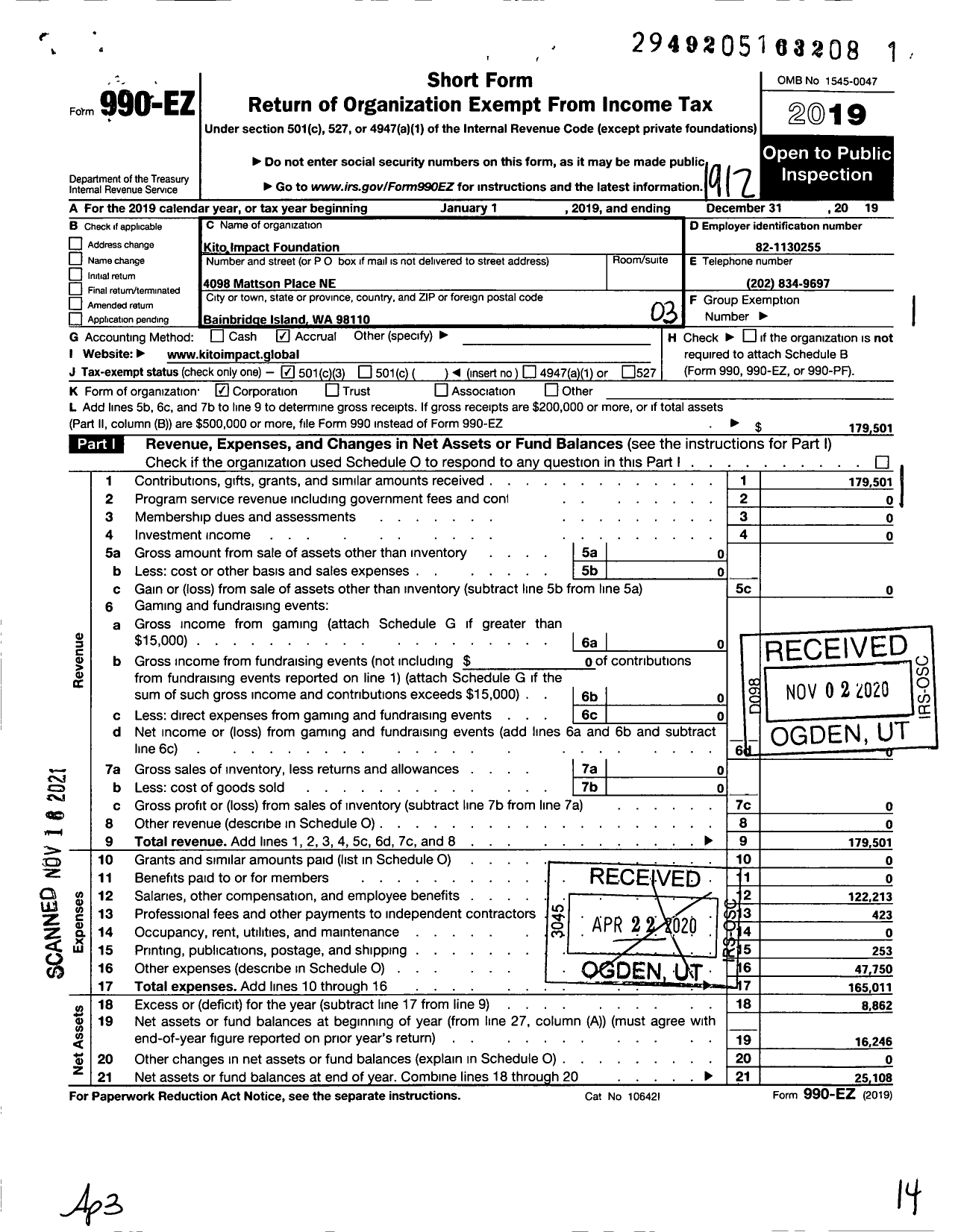 Image of first page of 2019 Form 990EZ for Kito Impact Foundation