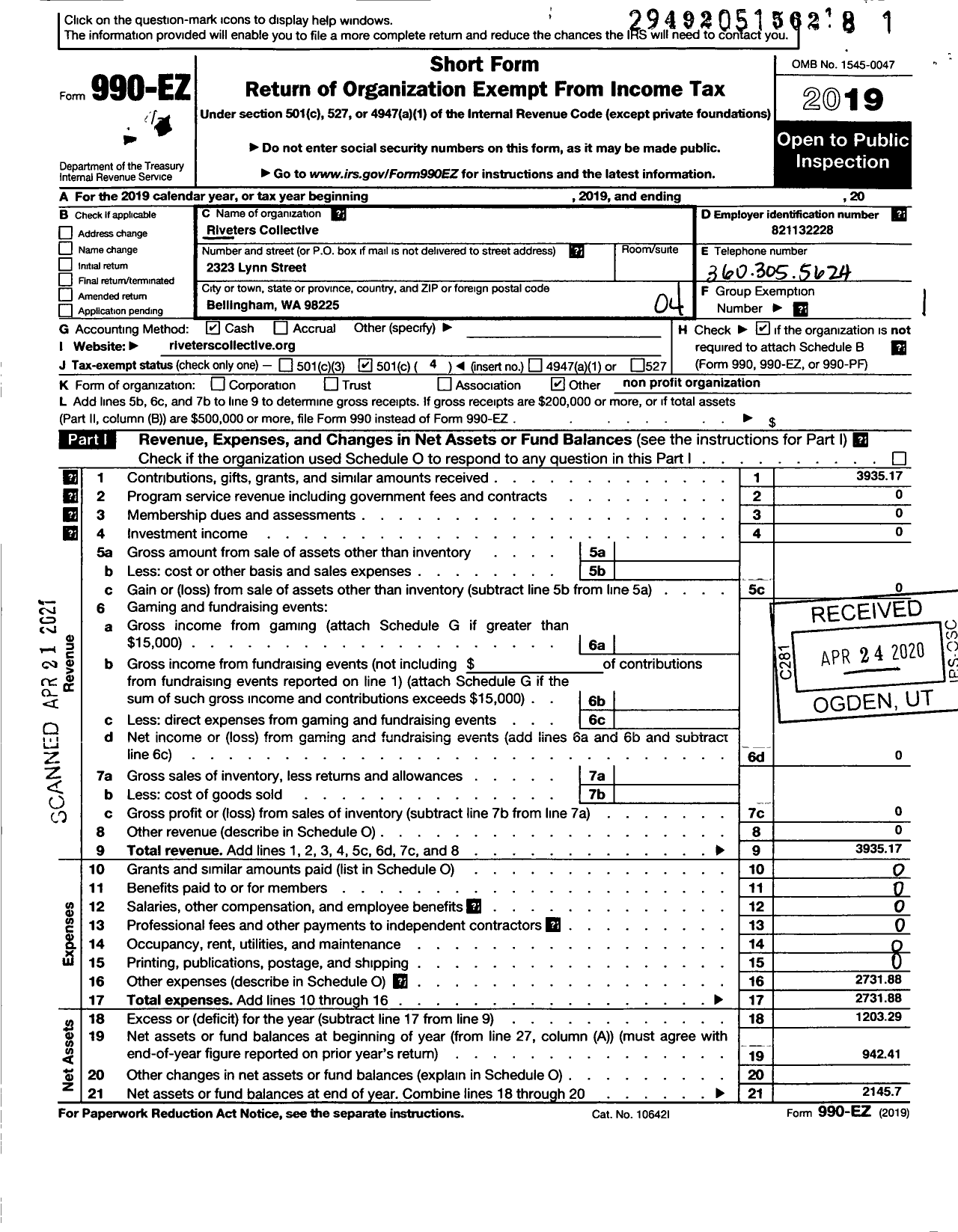 Image of first page of 2019 Form 990EO for Riveters Collective