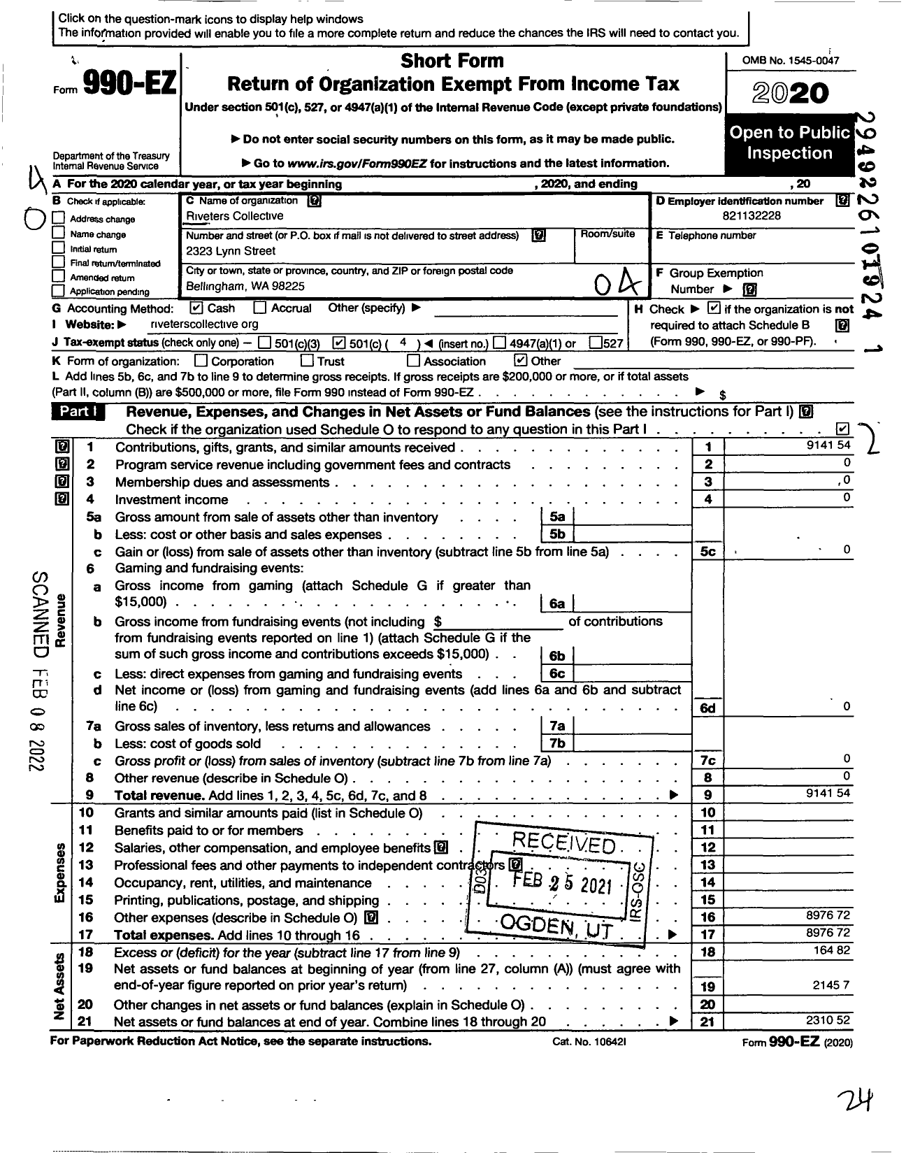 Image of first page of 2020 Form 990EO for Riveters Collective