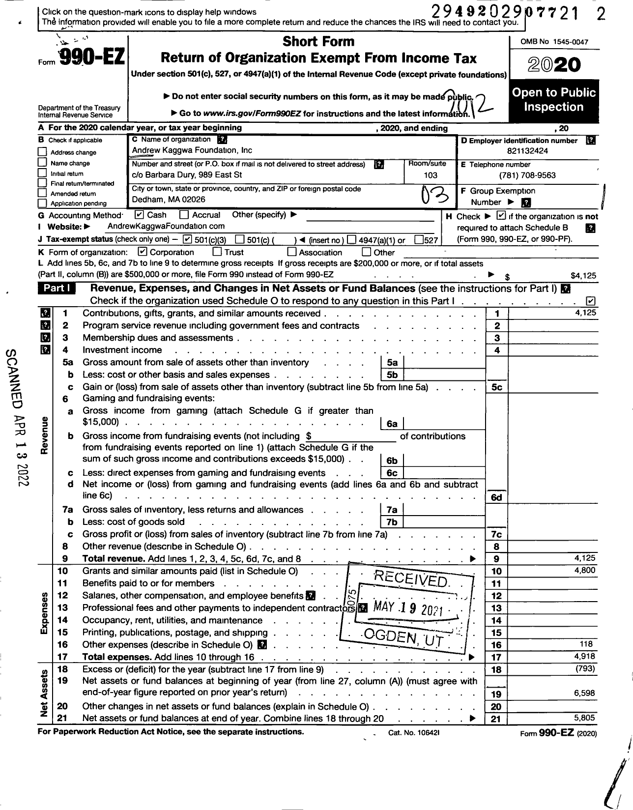 Image of first page of 2020 Form 990EZ for Andrew Kaggwa Foundation (AKF)