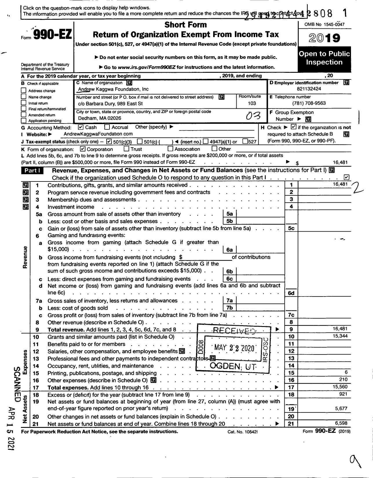 Image of first page of 2019 Form 990EZ for Andrew Kaggwa Foundation (AKF)