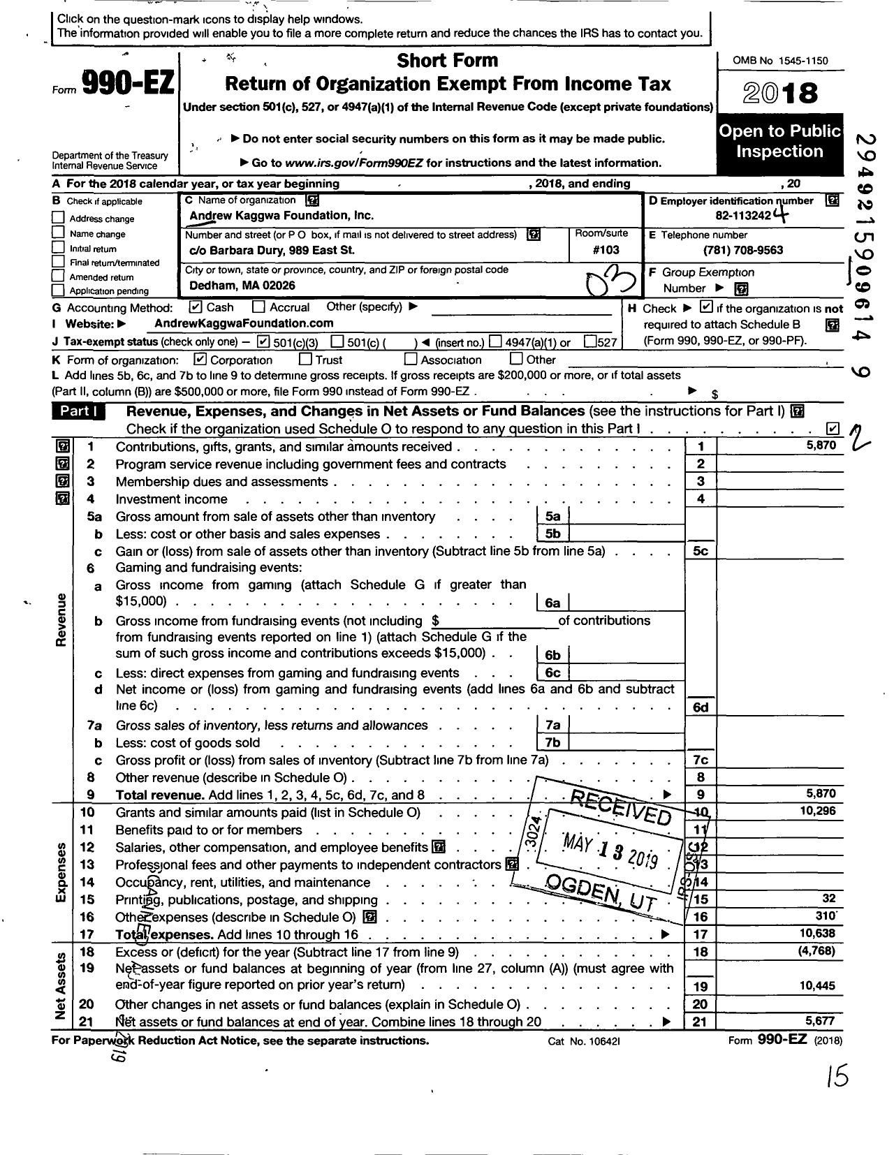 Image of first page of 2018 Form 990EZ for Andrew Kaggwa Foundation (AKF)