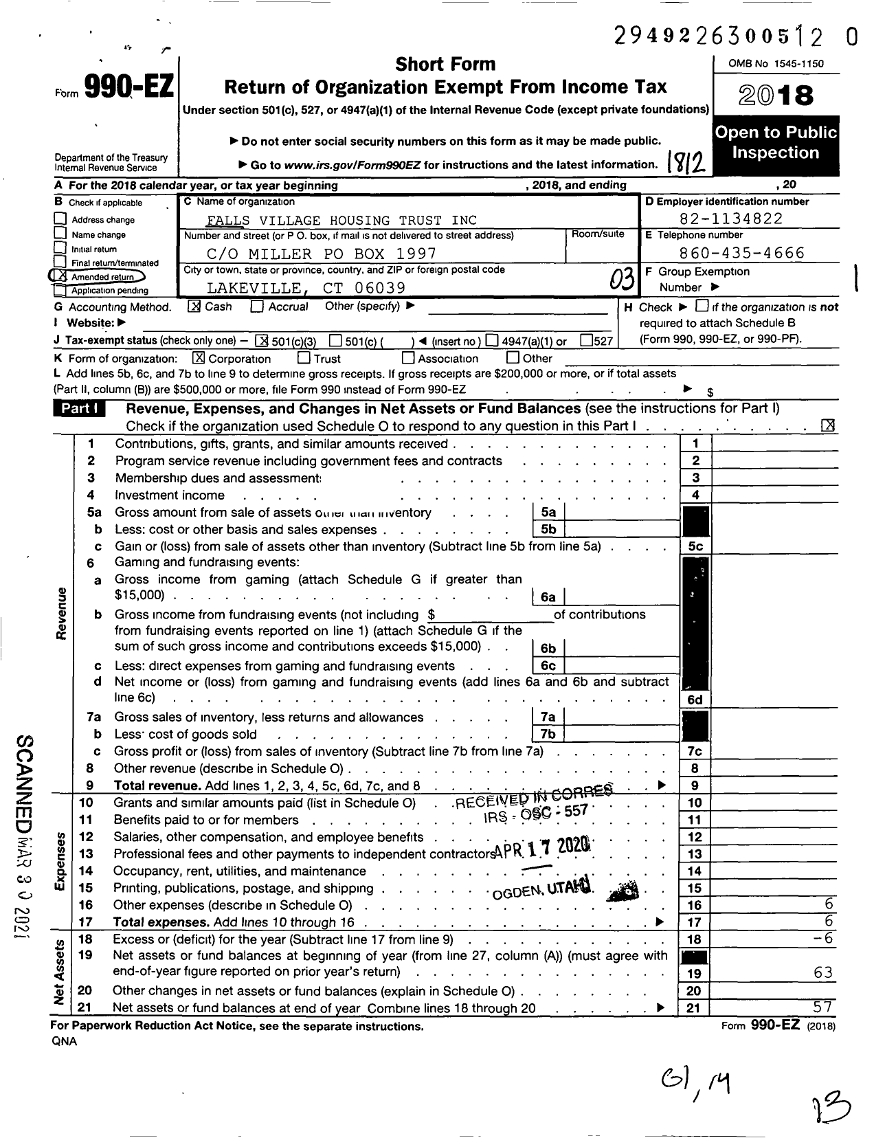 Image of first page of 2018 Form 990EZ for Falls Village Housing Trust