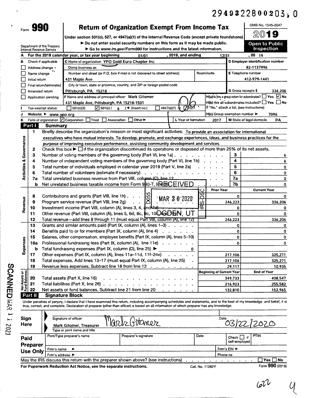 Image of first page of 2019 Form 990O for Young Presidents' Organization - YPO Gold EuroChapter