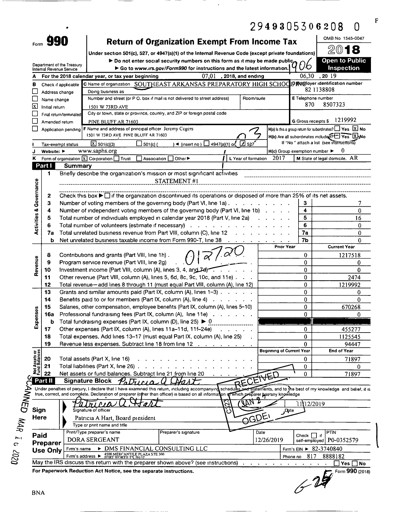 Image of first page of 2018 Form 990 for Southeast Arkansas Preparatory High School