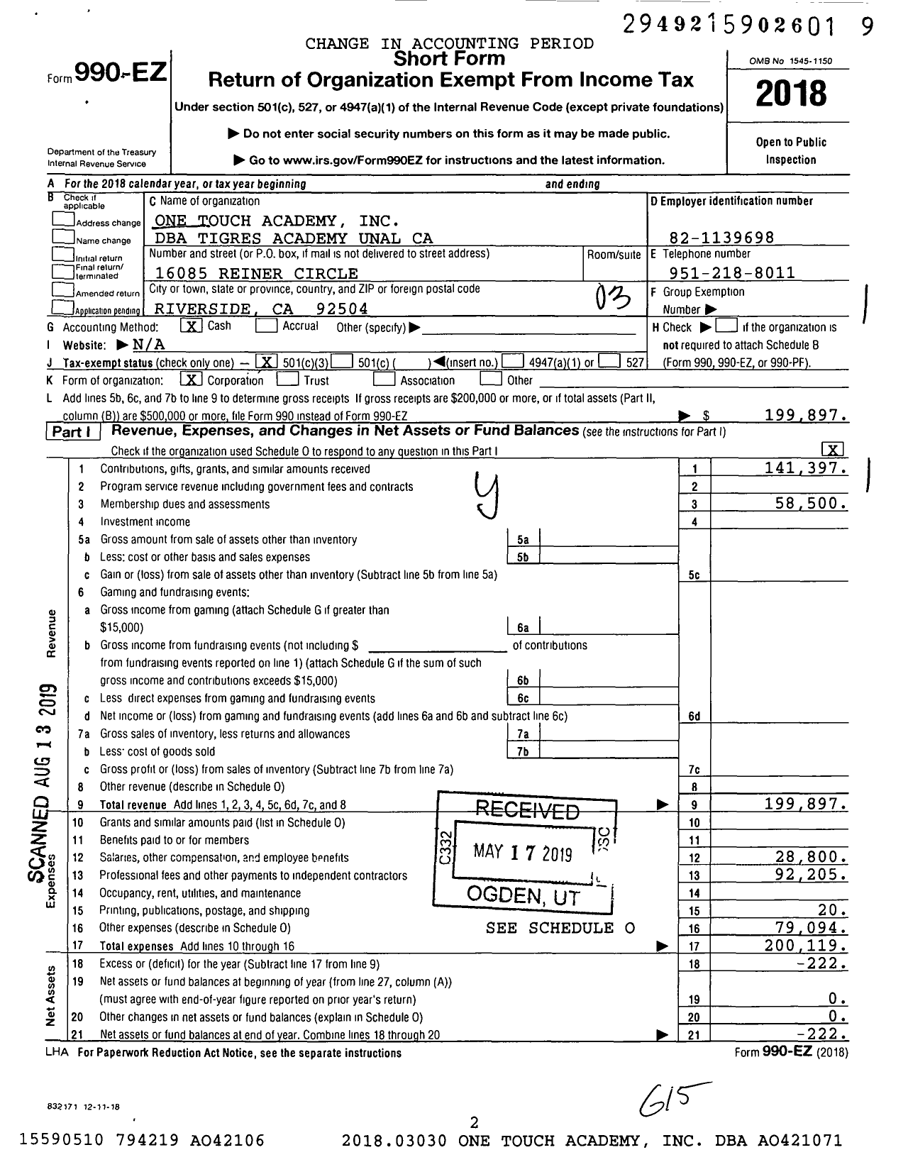 Image of first page of 2018 Form 990EZ for Tigres Academy Unal Ca