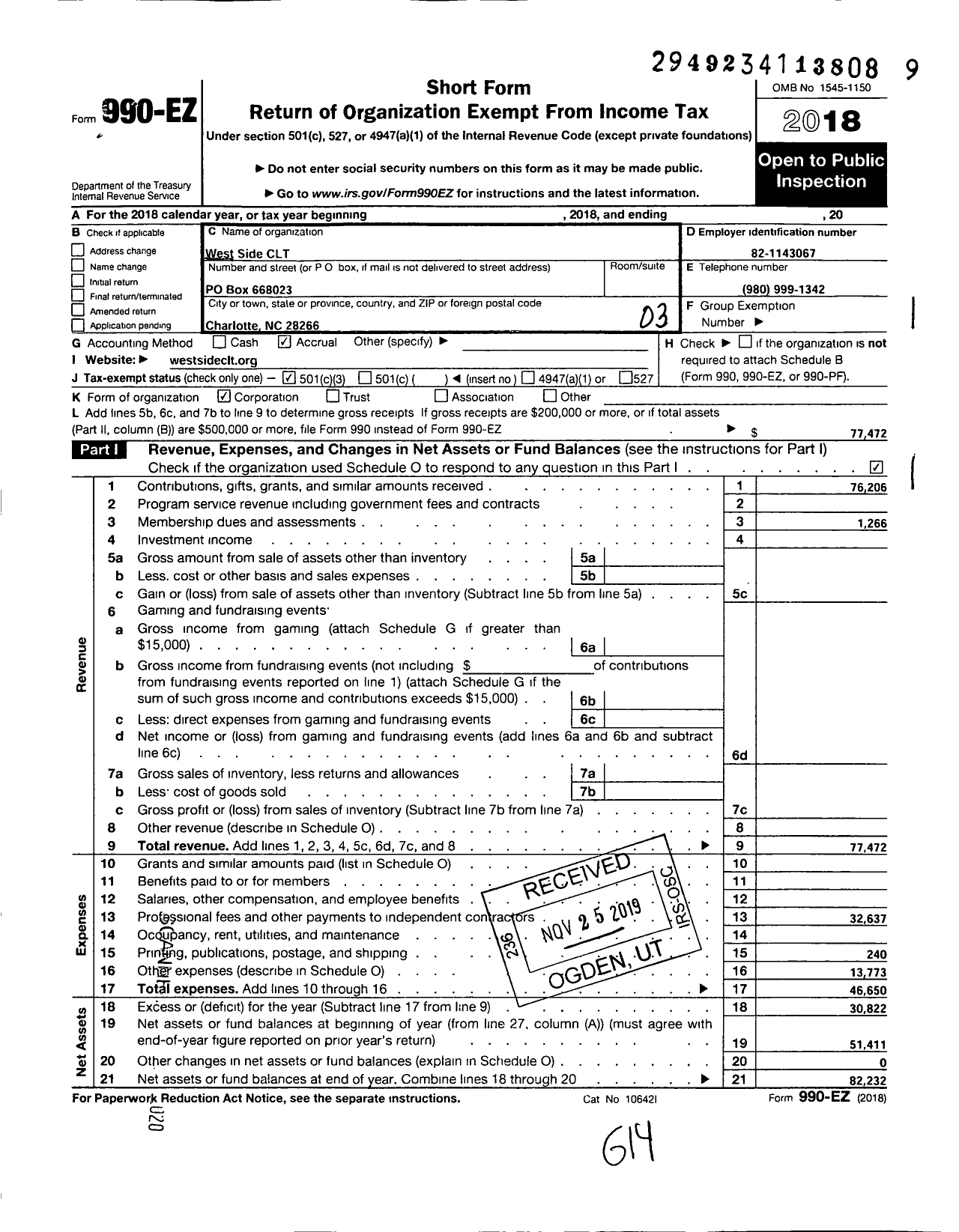 Image of first page of 2018 Form 990EZ for West Side CLT
