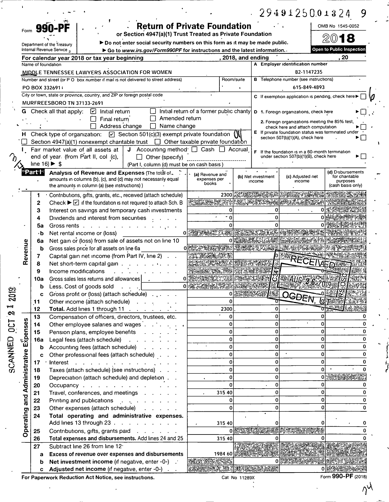 Image of first page of 2018 Form 990PF for Middle Tennessee Lawyers Association for Women