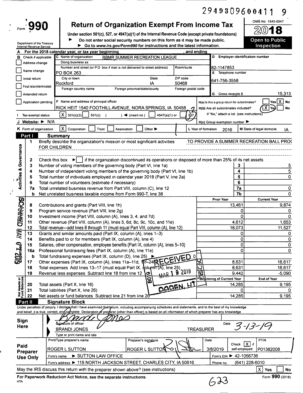 Image of first page of 2018 Form 990 for RRMR Summer Recreation League
