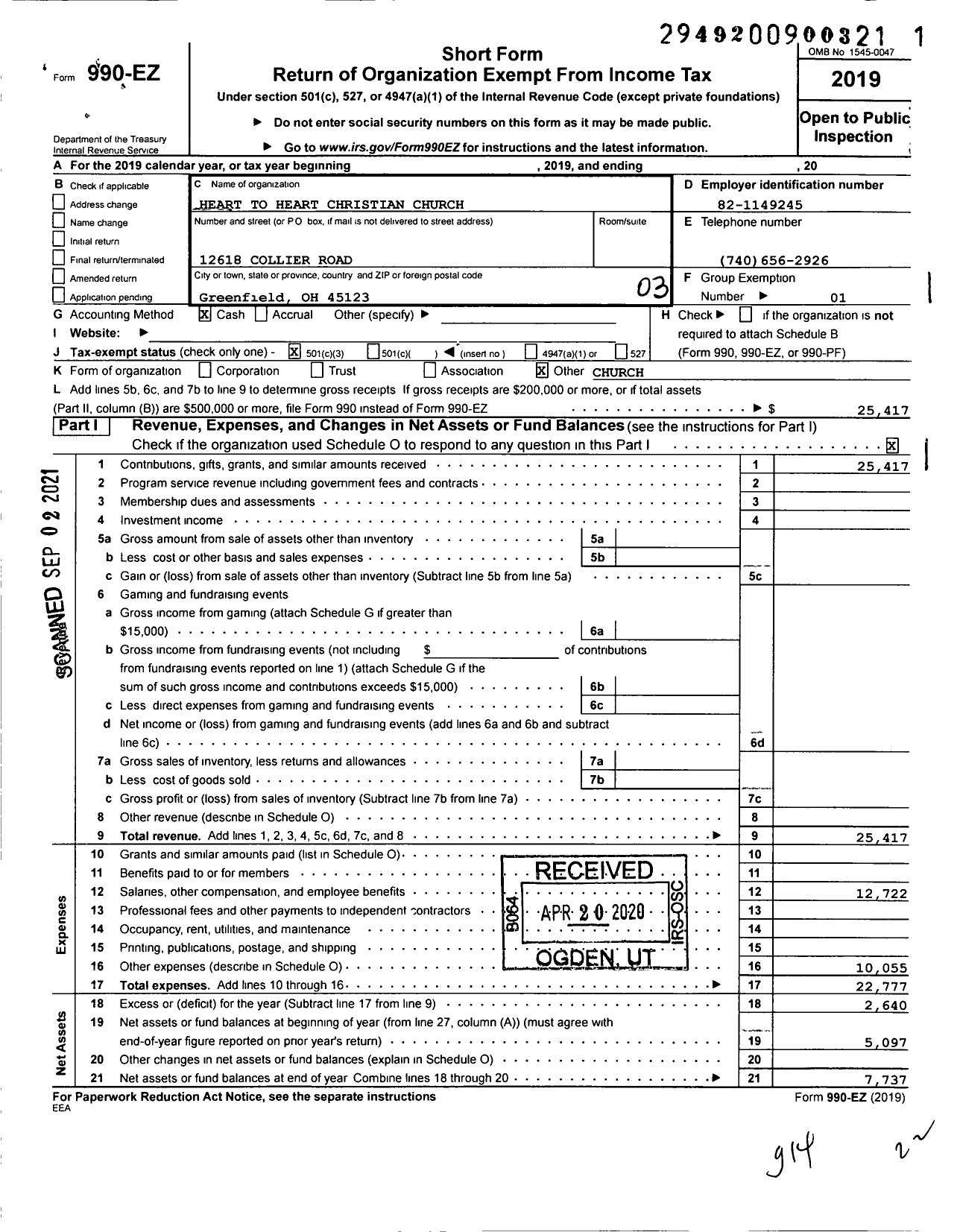 Image of first page of 2019 Form 990EZ for Heart To Heart Christian Church