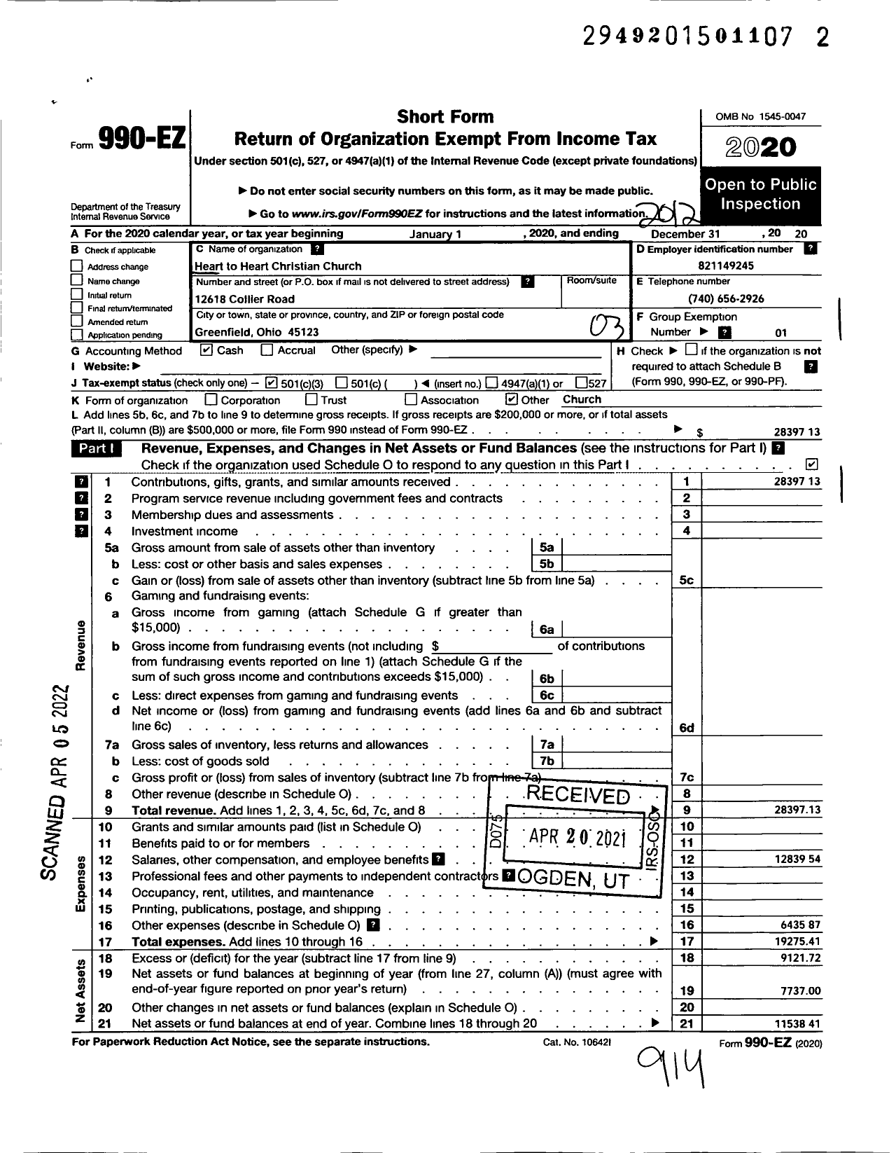 Image of first page of 2020 Form 990EZ for Heart To Heart Christian Church