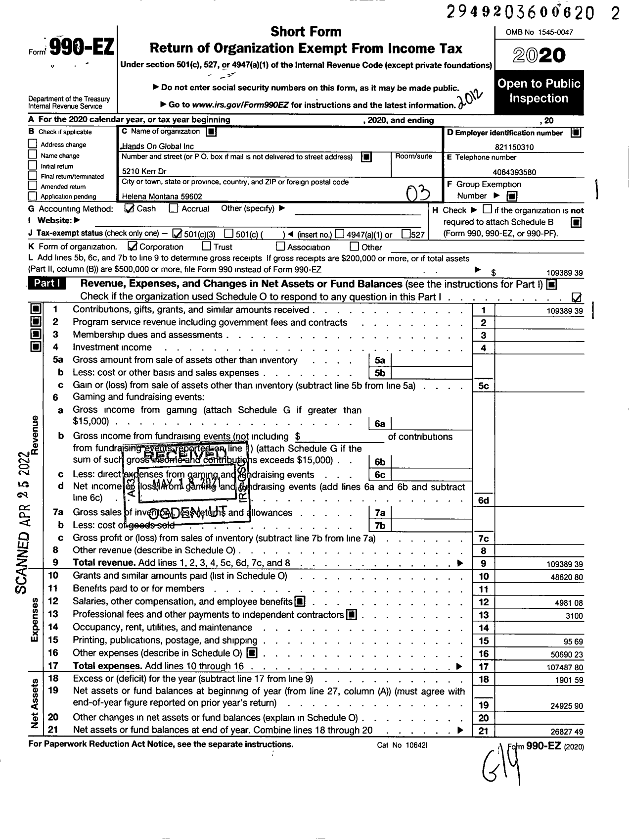 Image of first page of 2020 Form 990EZ for Hands on Global