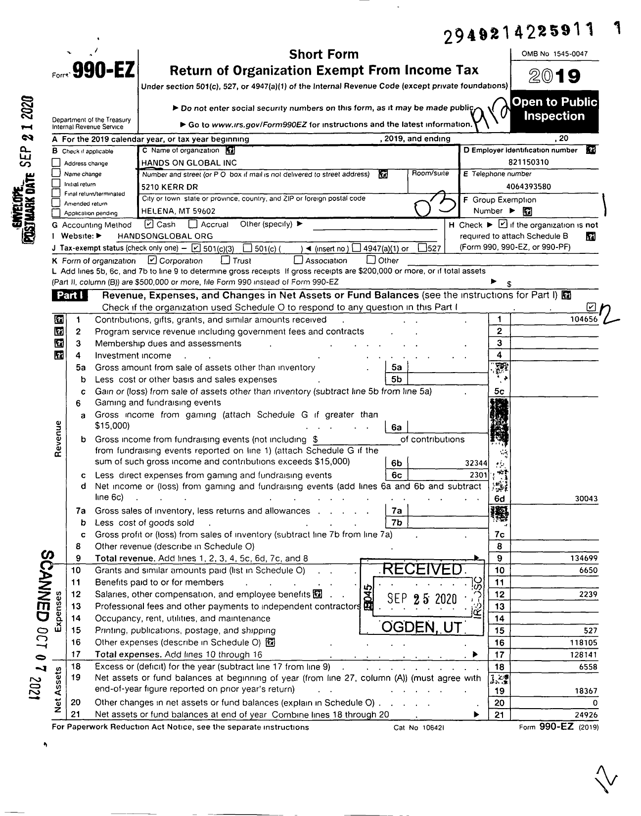 Image of first page of 2019 Form 990EZ for Hands on Global