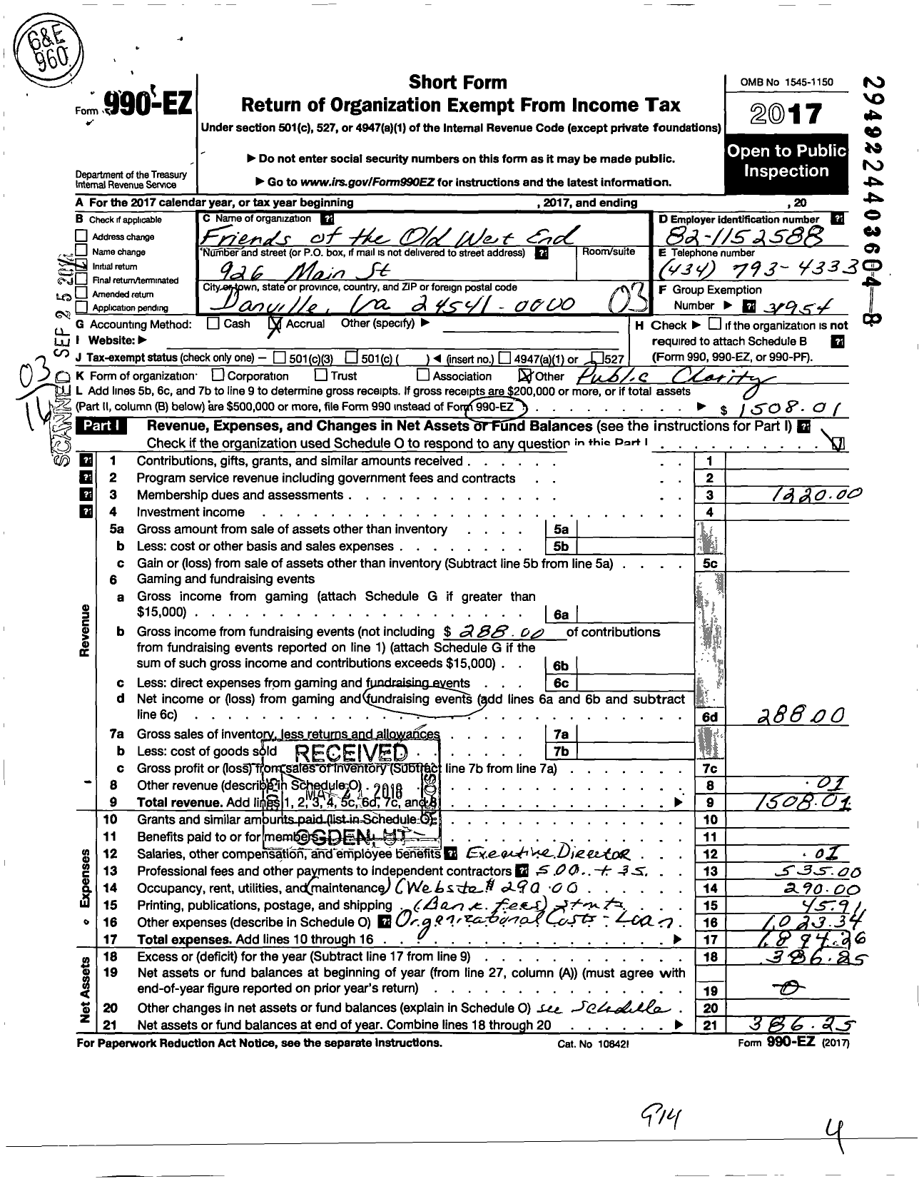 Image of first page of 2017 Form 990EZ for Friends of the Old West End