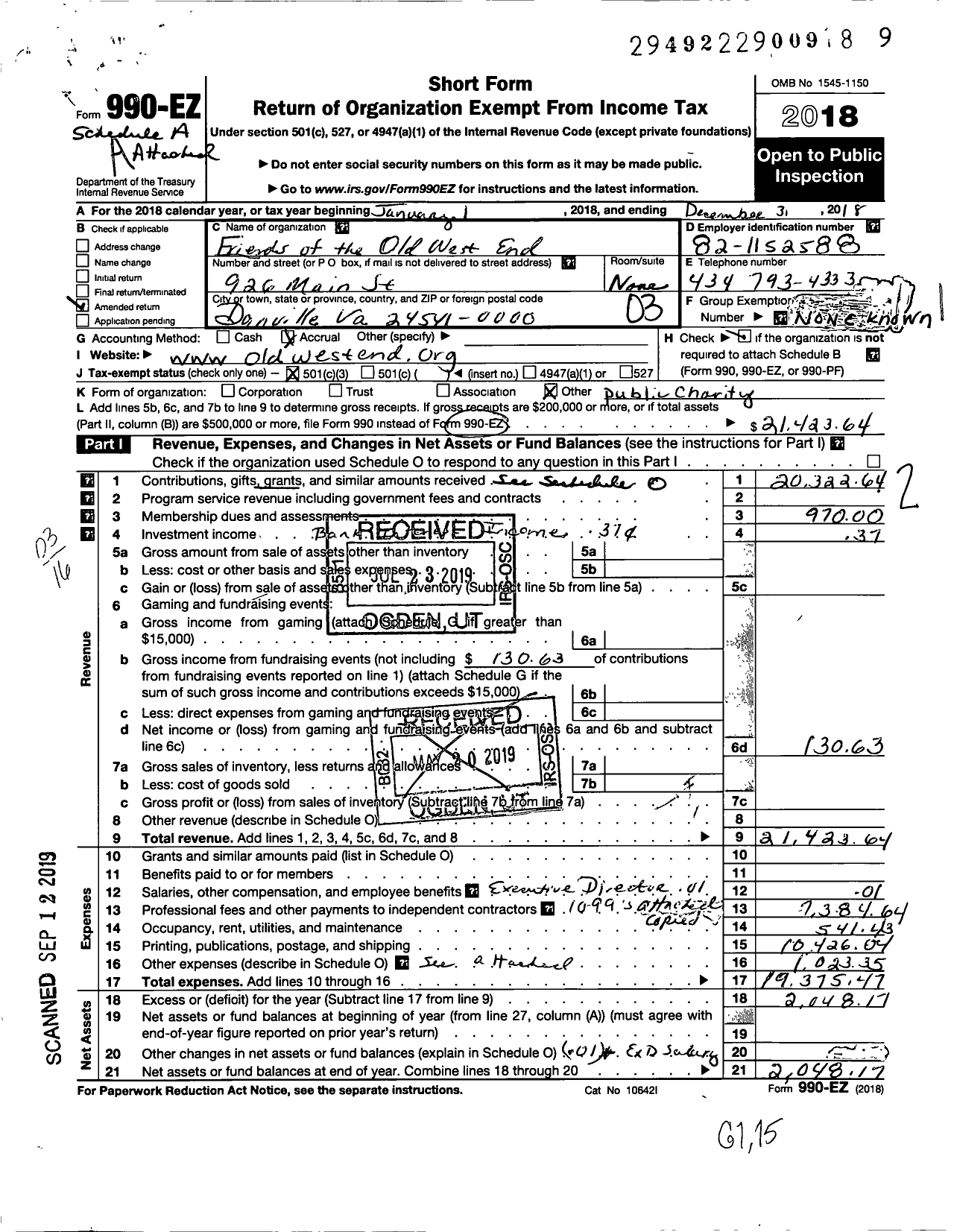 Image of first page of 2018 Form 990EZ for Friends of the Old West End